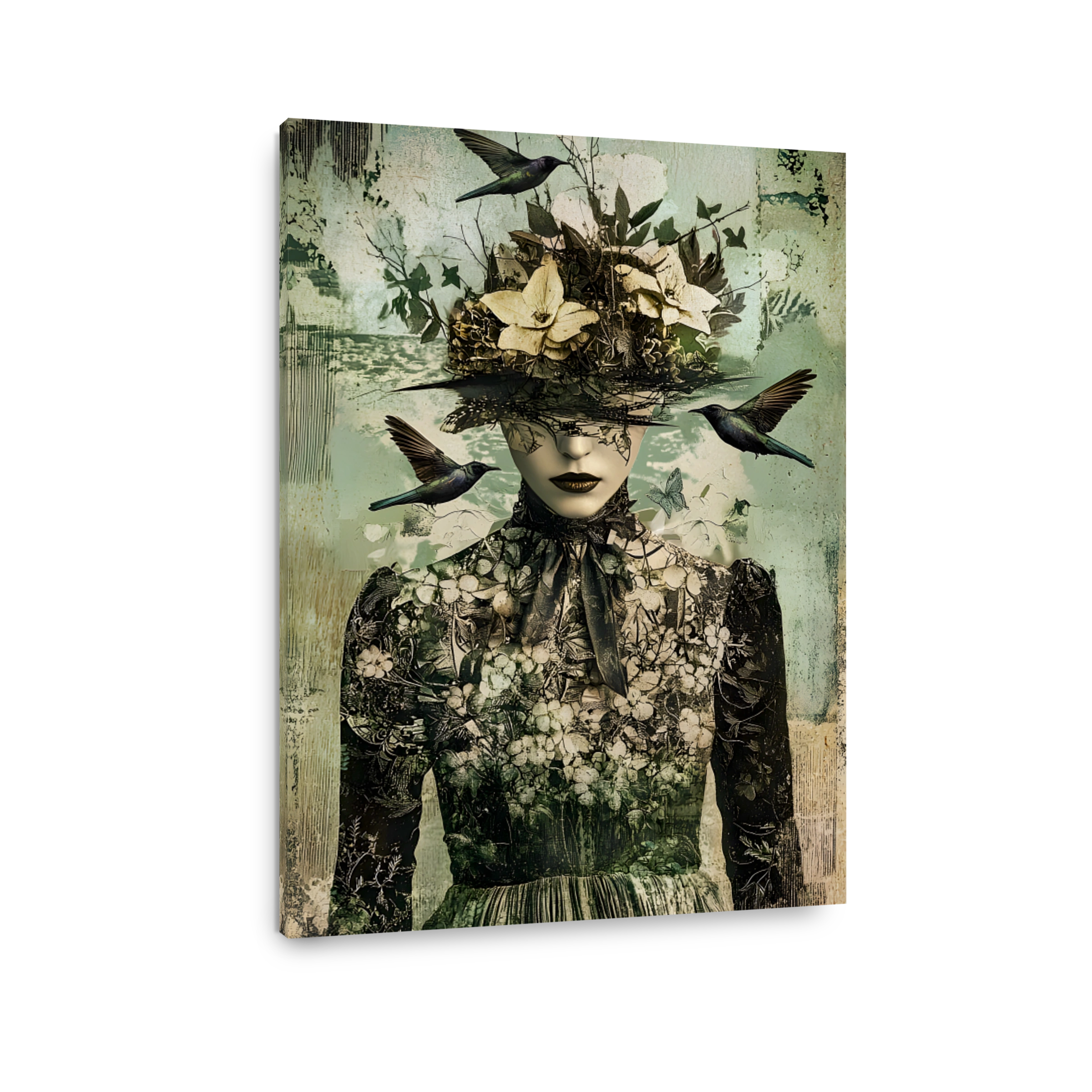 Surreal Portrait with Birds and Botanicals