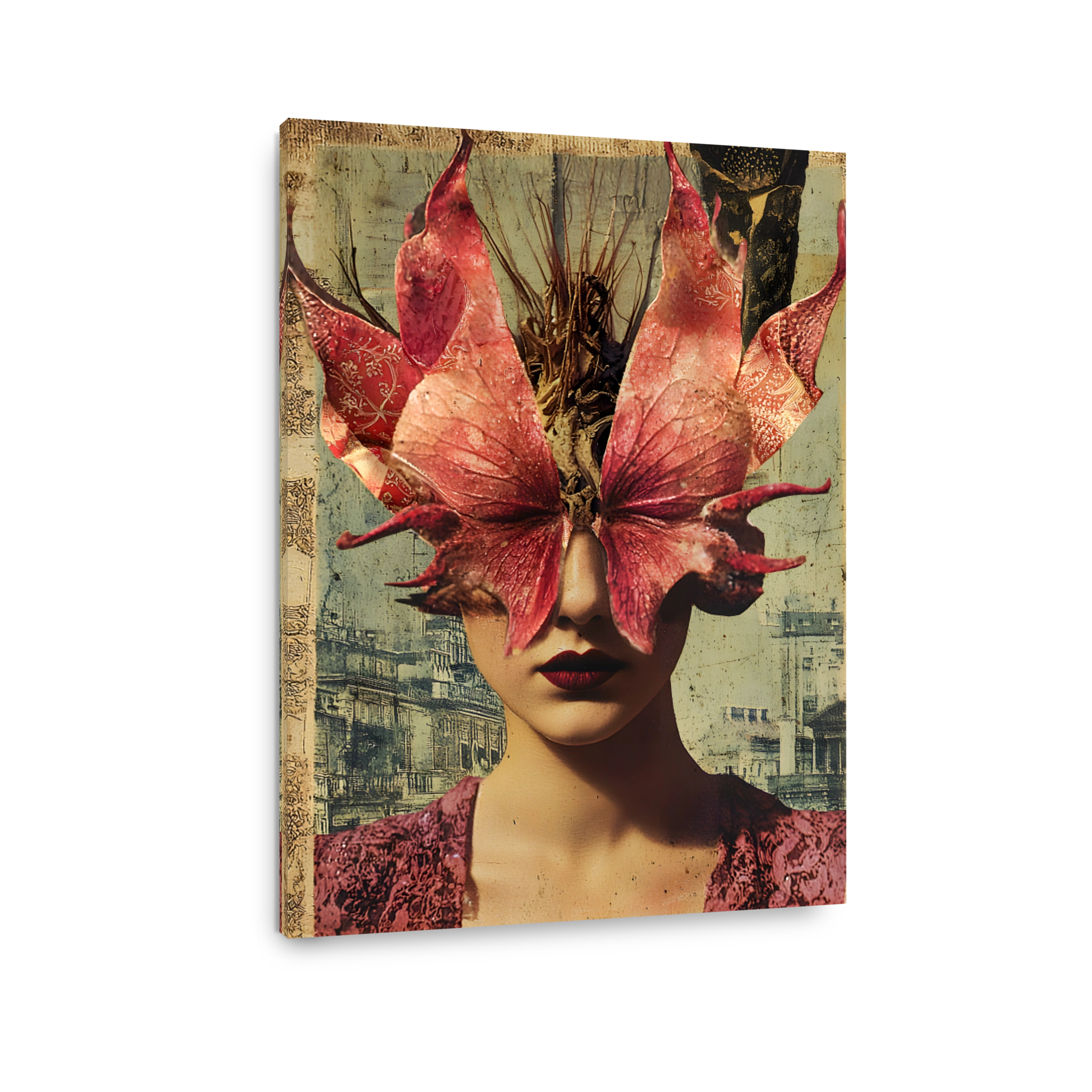 Surreal Woman with Red Floral Butterfly Mask Collage