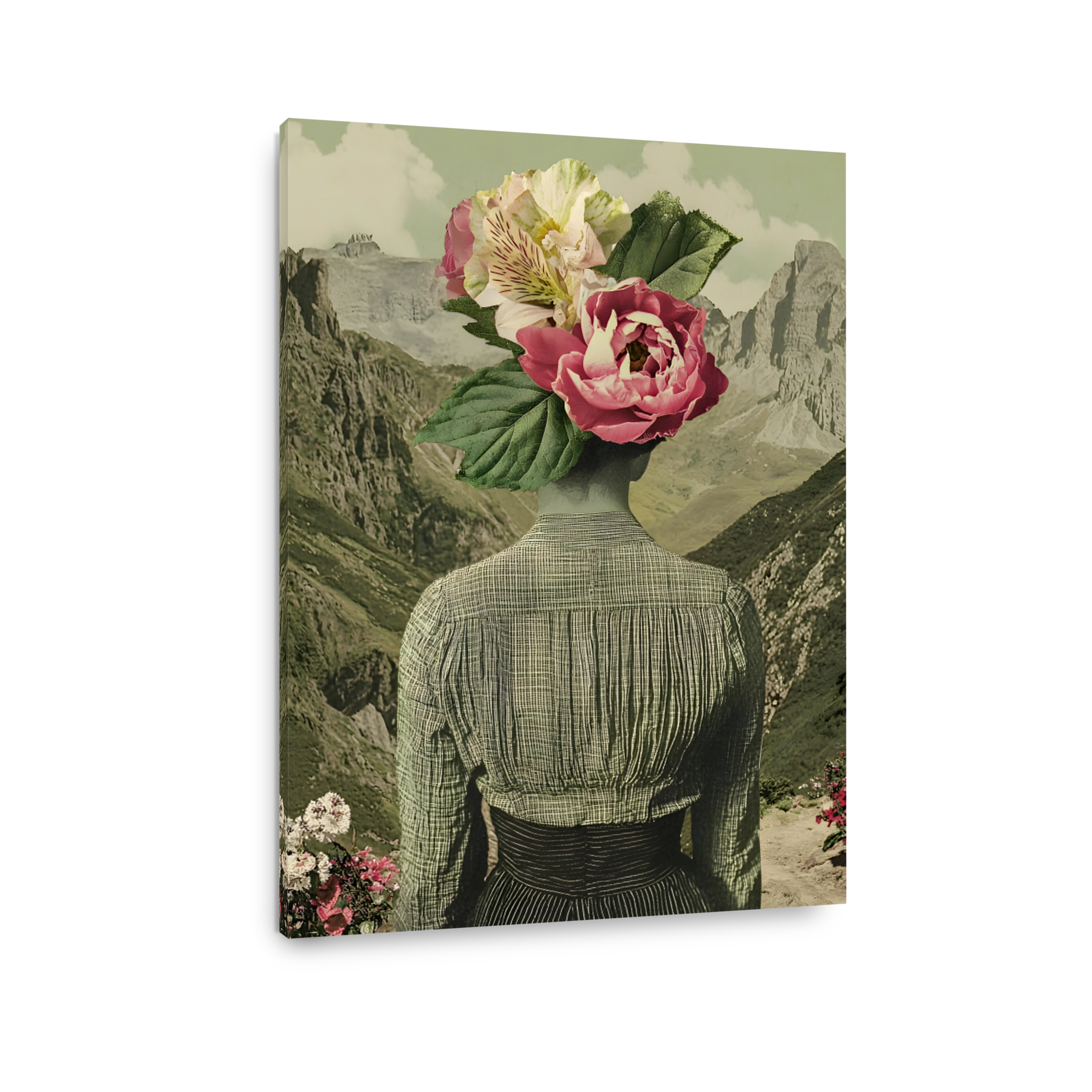 Surreal figure with flowers on head and mountain backdrop