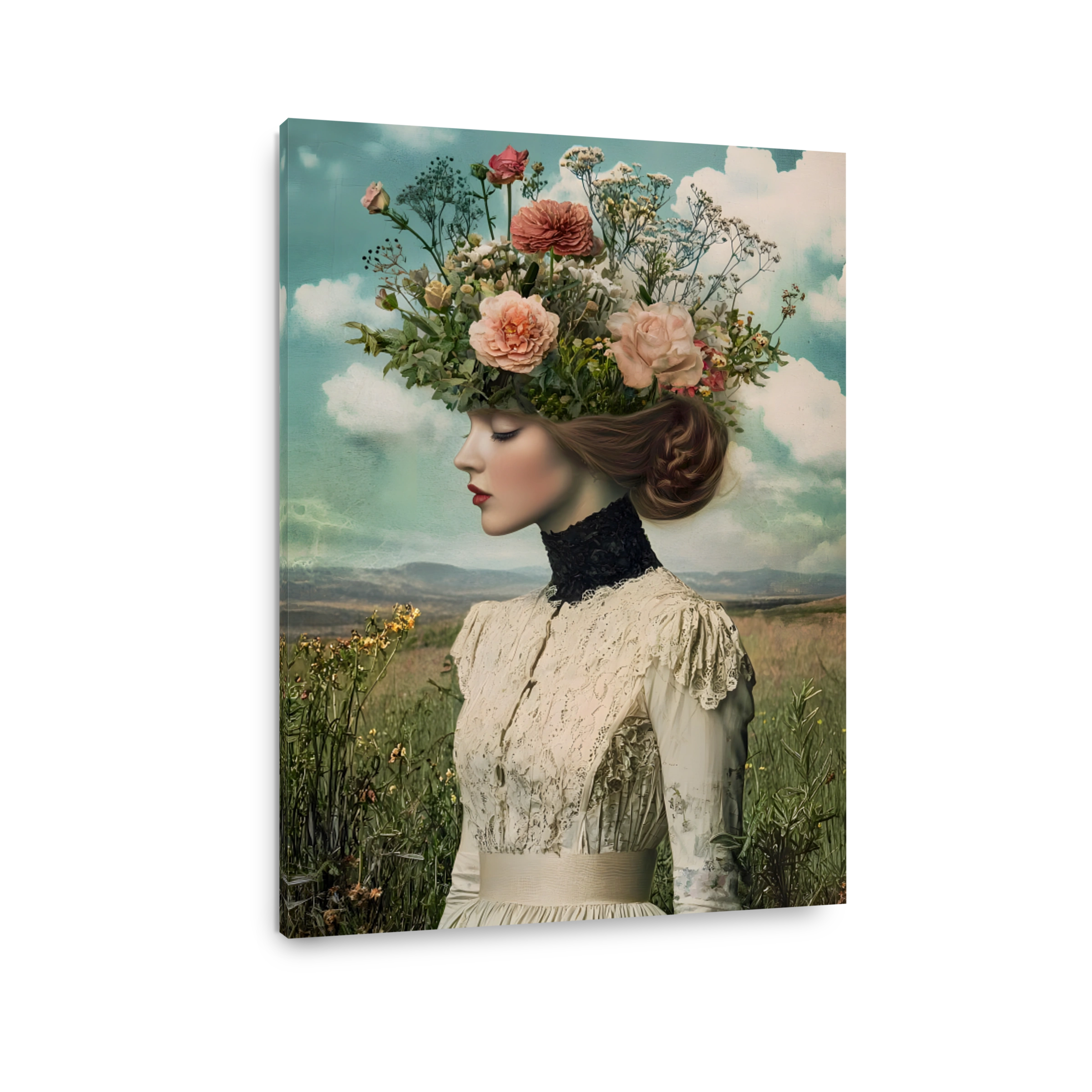 Surreal Woman Adorned with a Floral Headdress