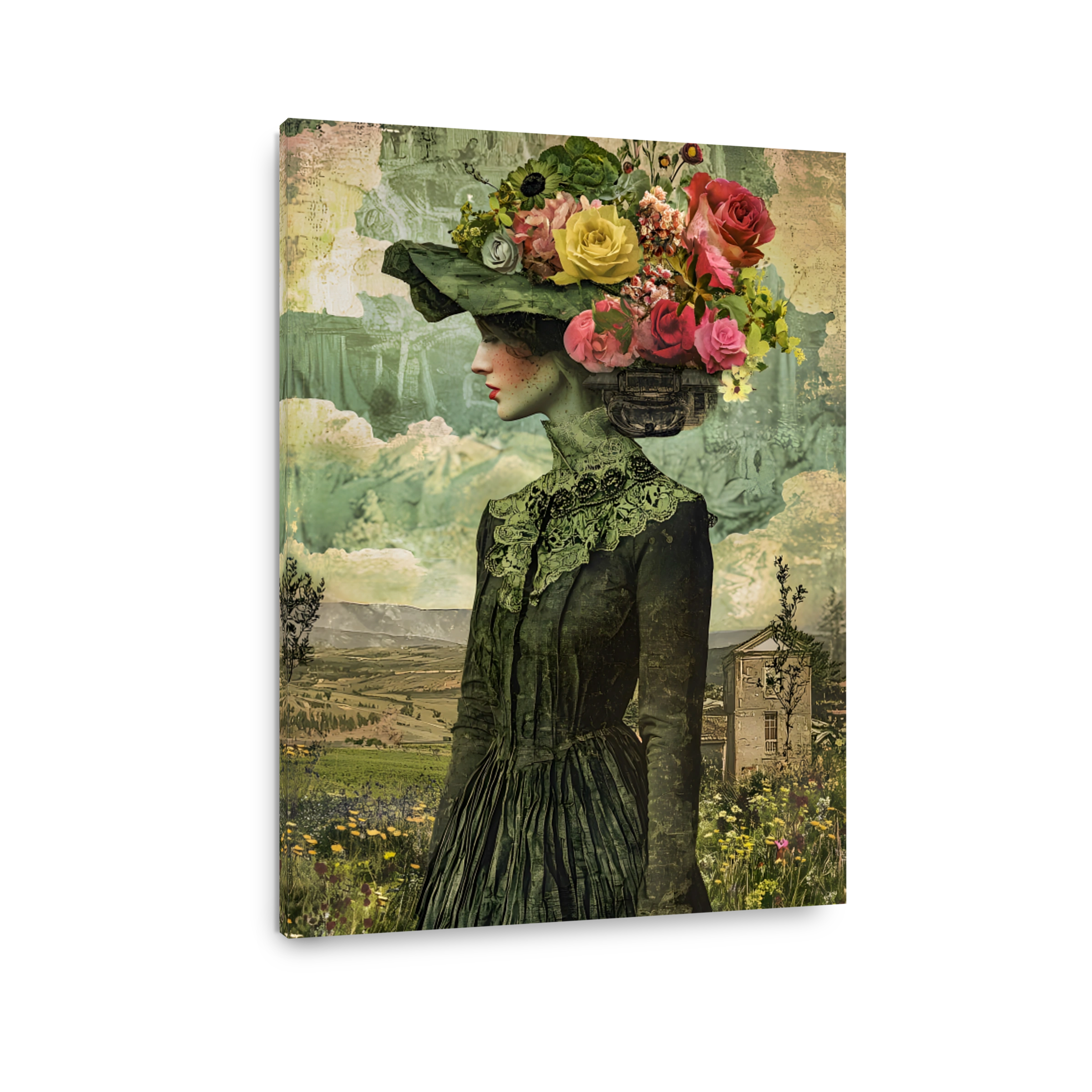 Surreal Woman with Floral Hat Collage