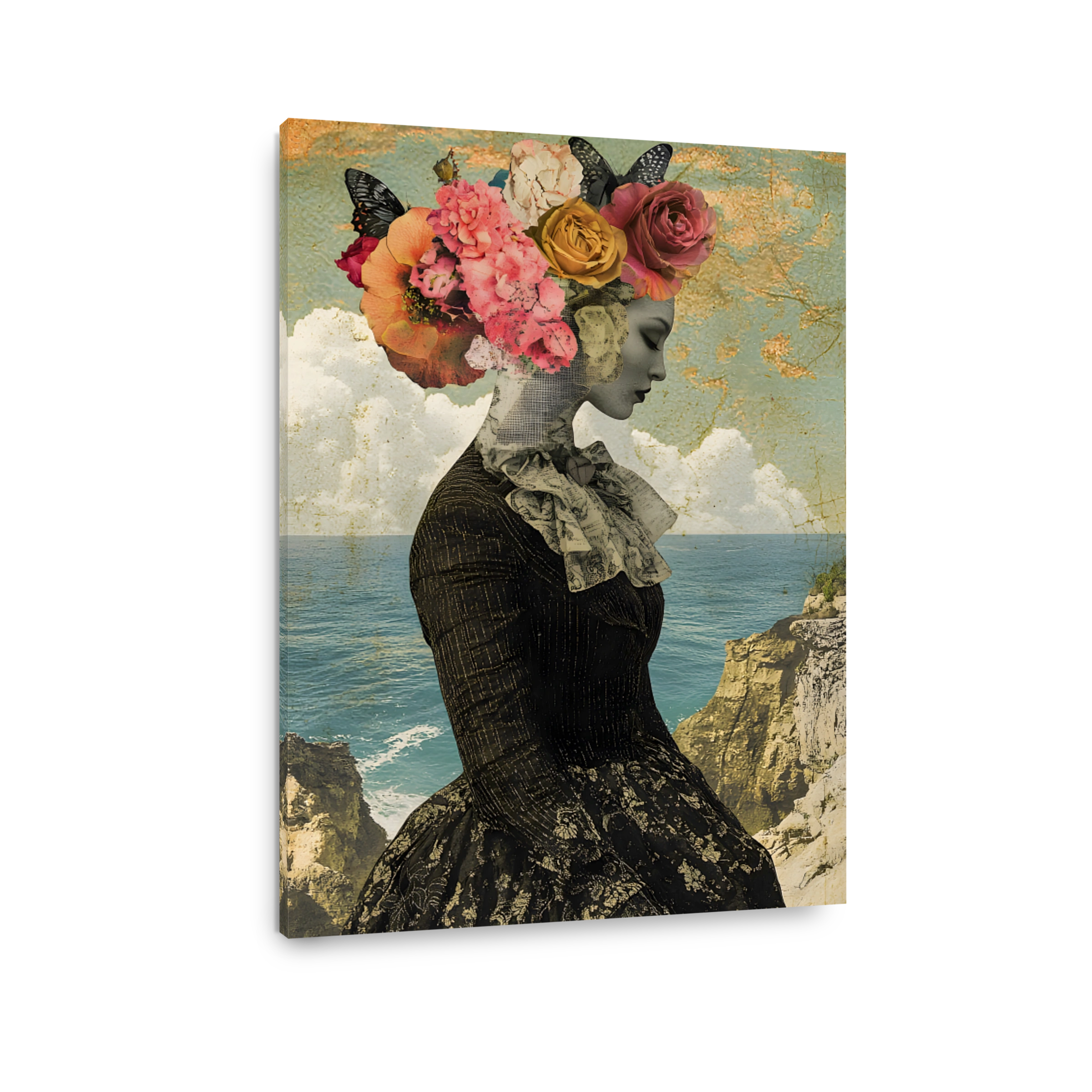 Surreal Woman Adorned with Flowers and Butterflies