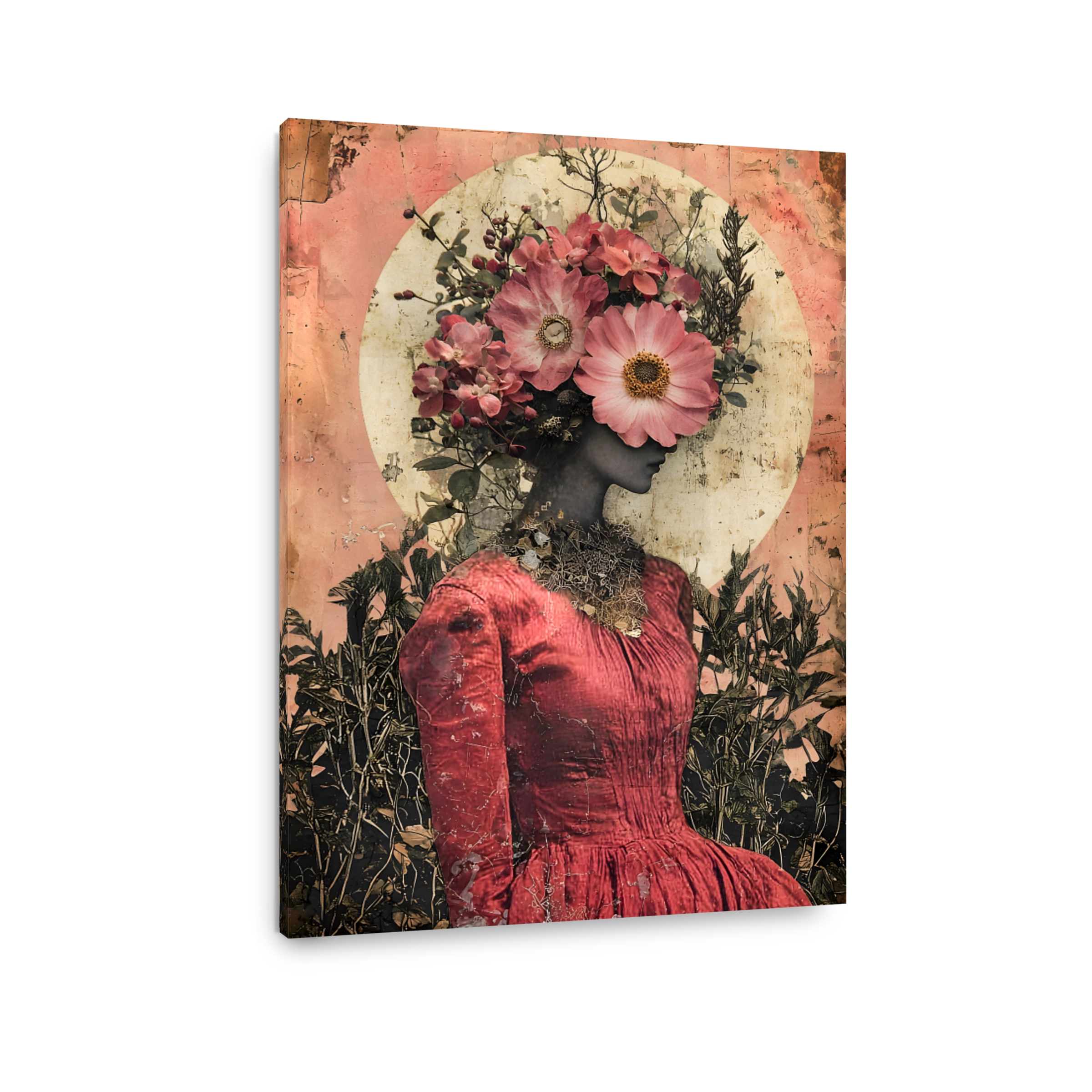 Surreal Woman Adorned with Pink Flowers