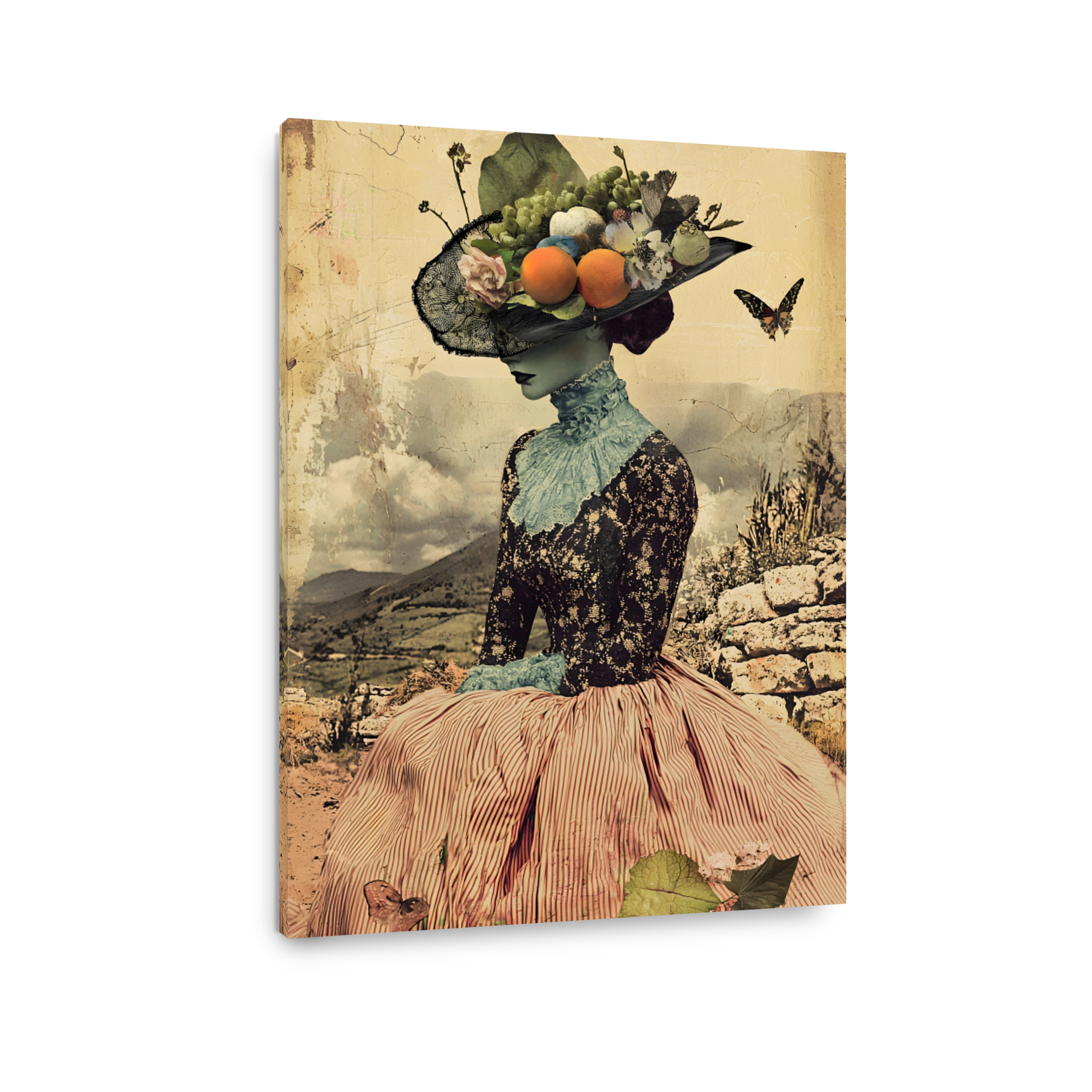 Surreal woman with fruit hat and butterflies
