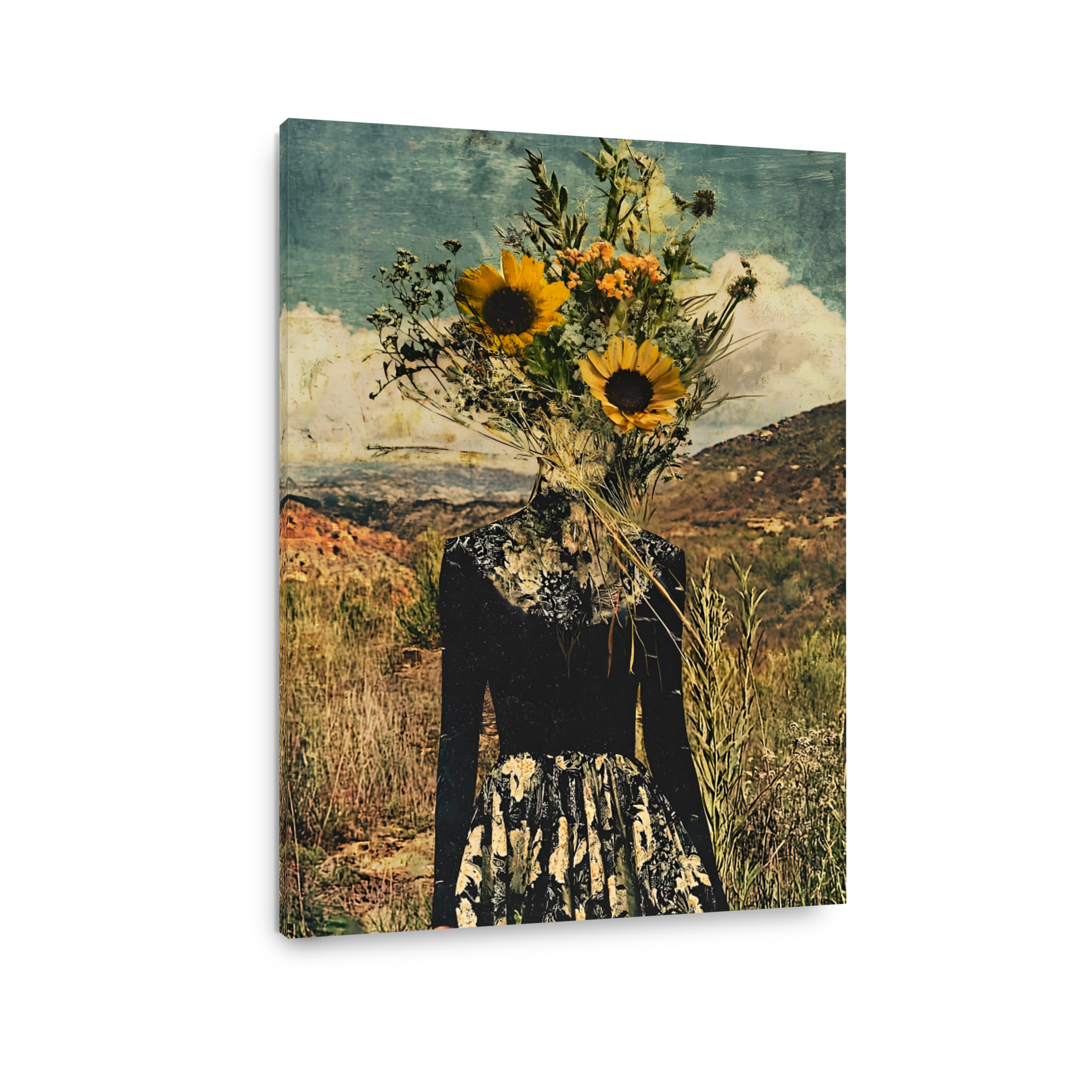 Surreal floral figure in a dry landscape