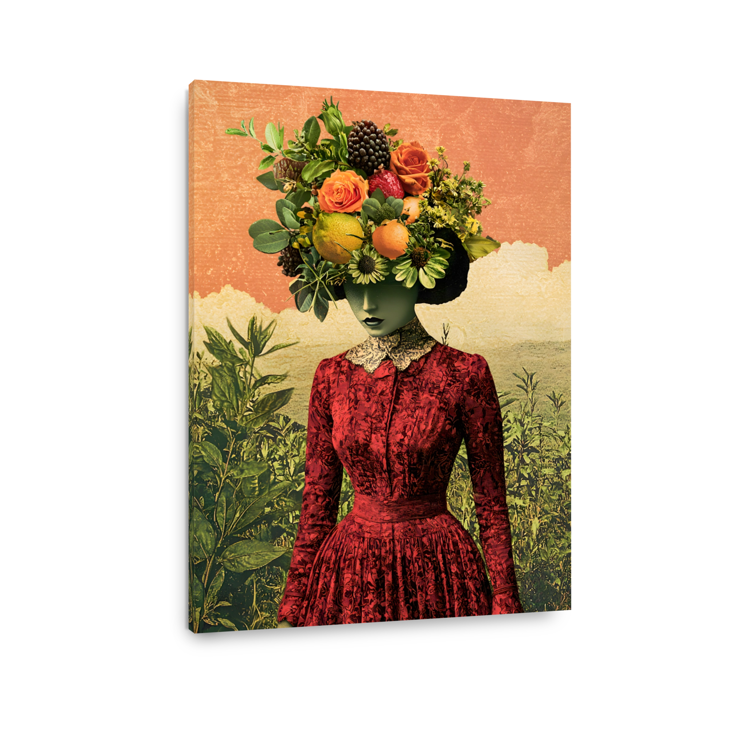 Surreal Woman with Floral and Fruit Headdress