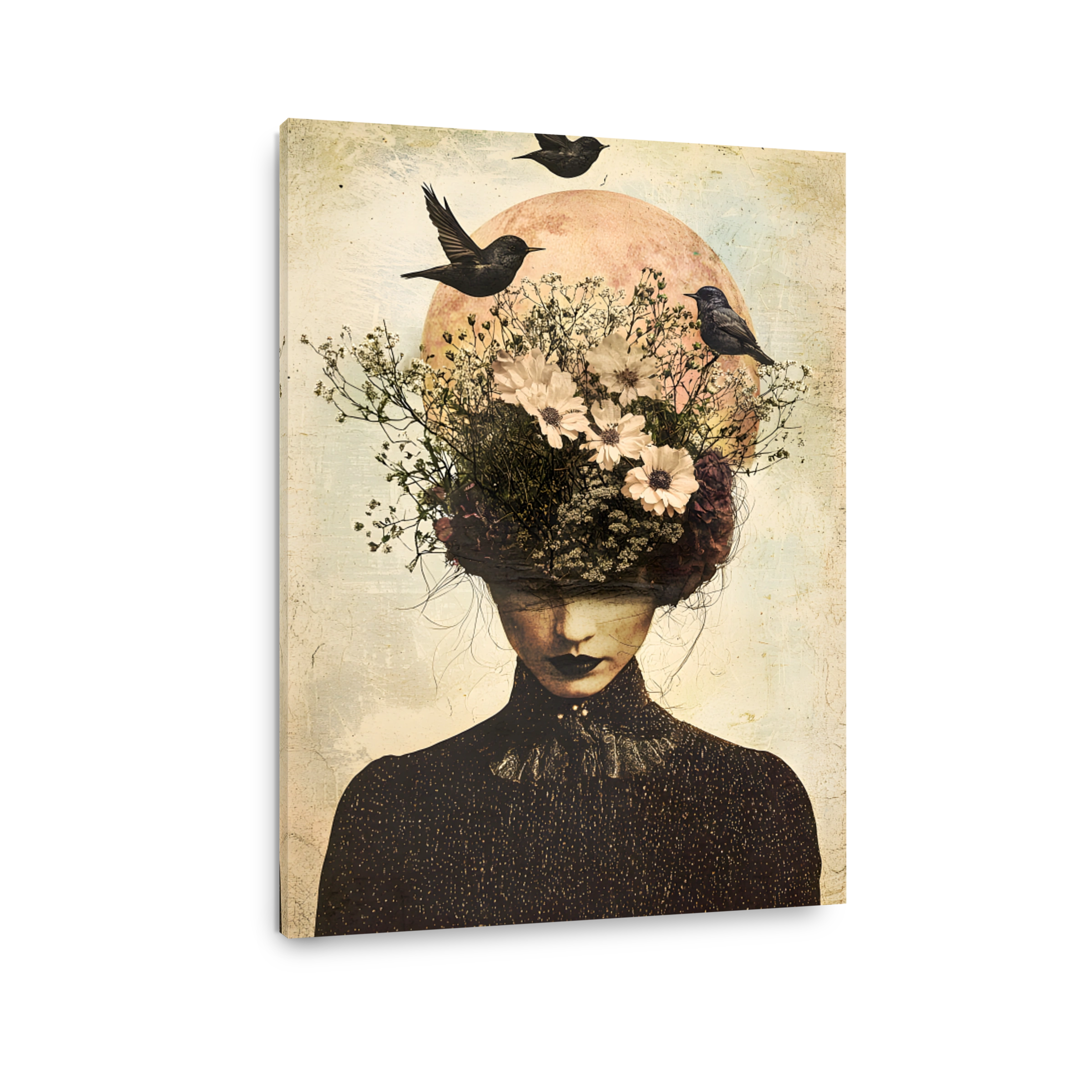Surreal Woman with Floral Headpiece and Birds