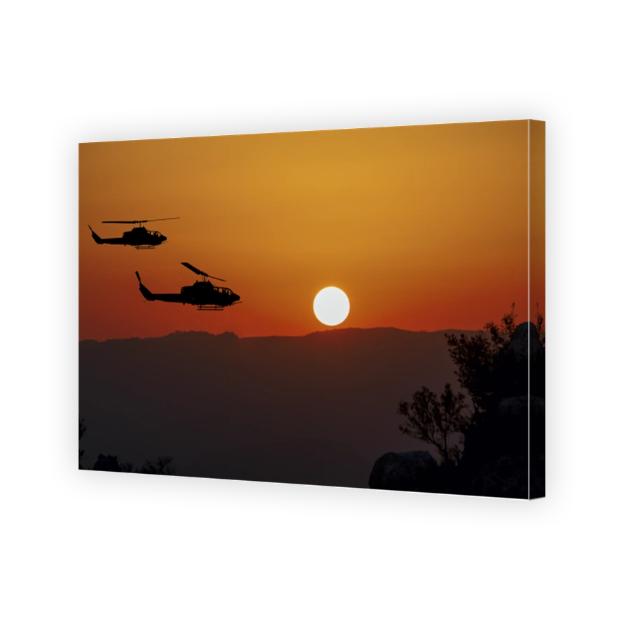 Two flying army helicopters on sunset background