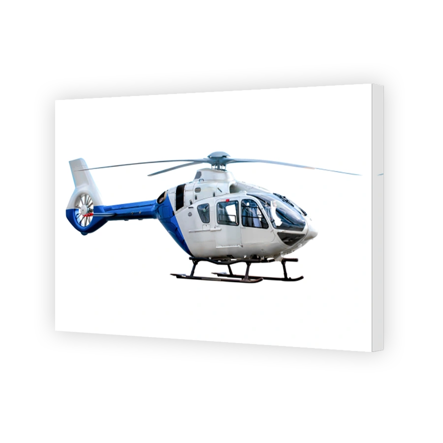 Blue and white helicopter on white background.