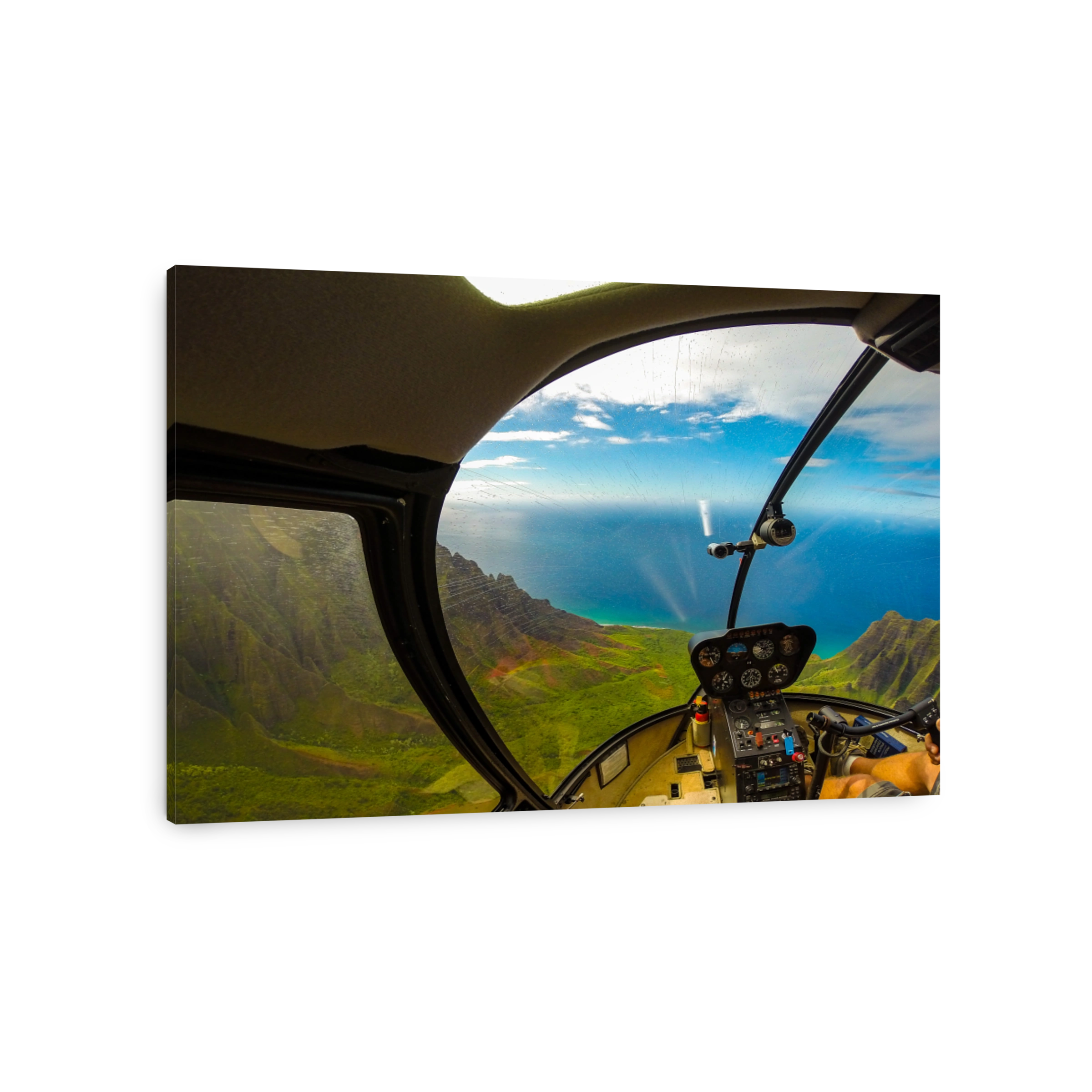 flying over coastal valley in helicopter