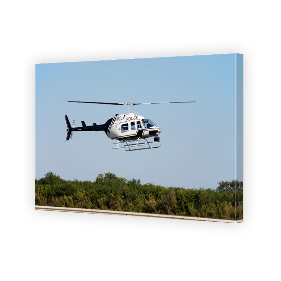 Police helicopter flying above a tree line on a sunny day