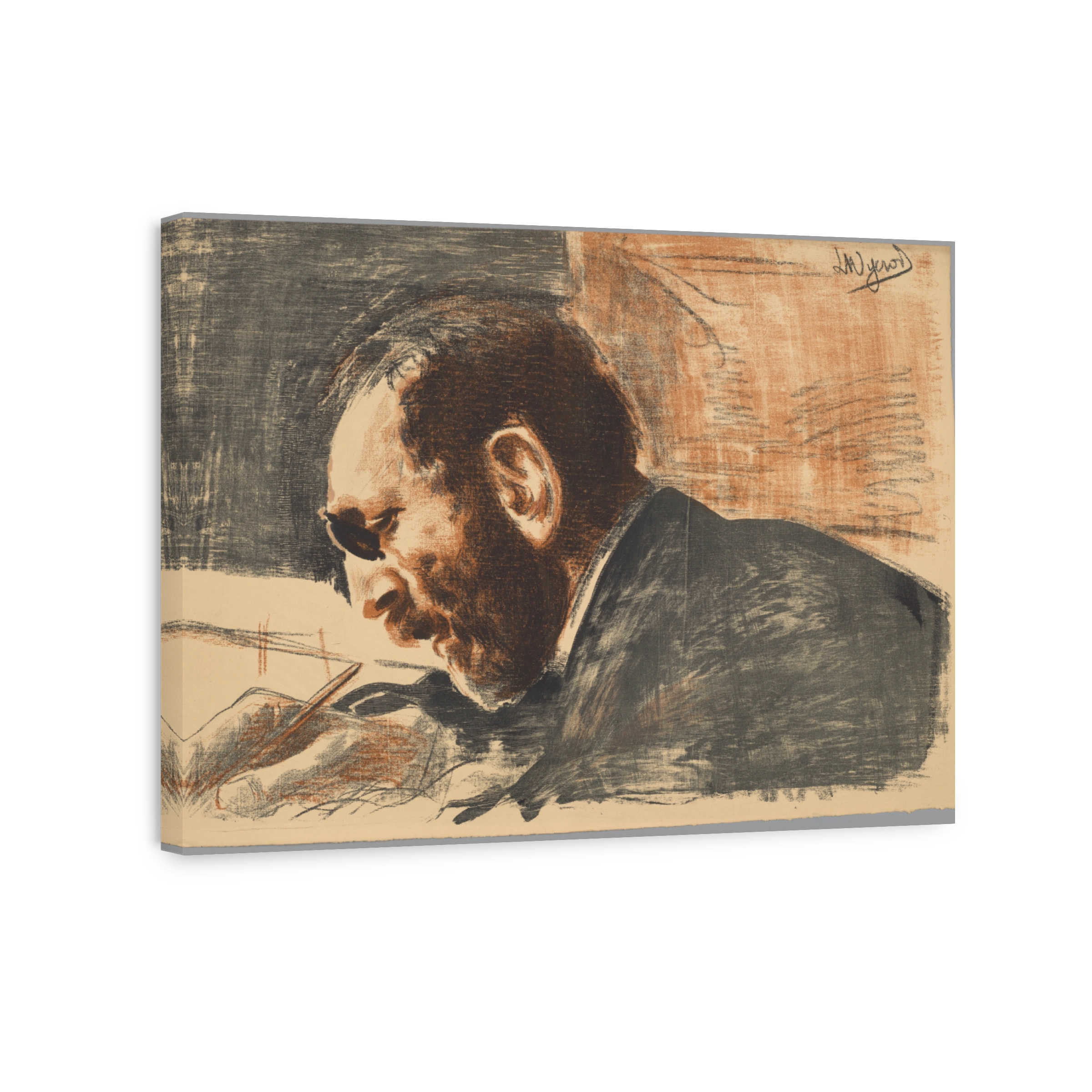 Contemplative Man Writing Lithograph