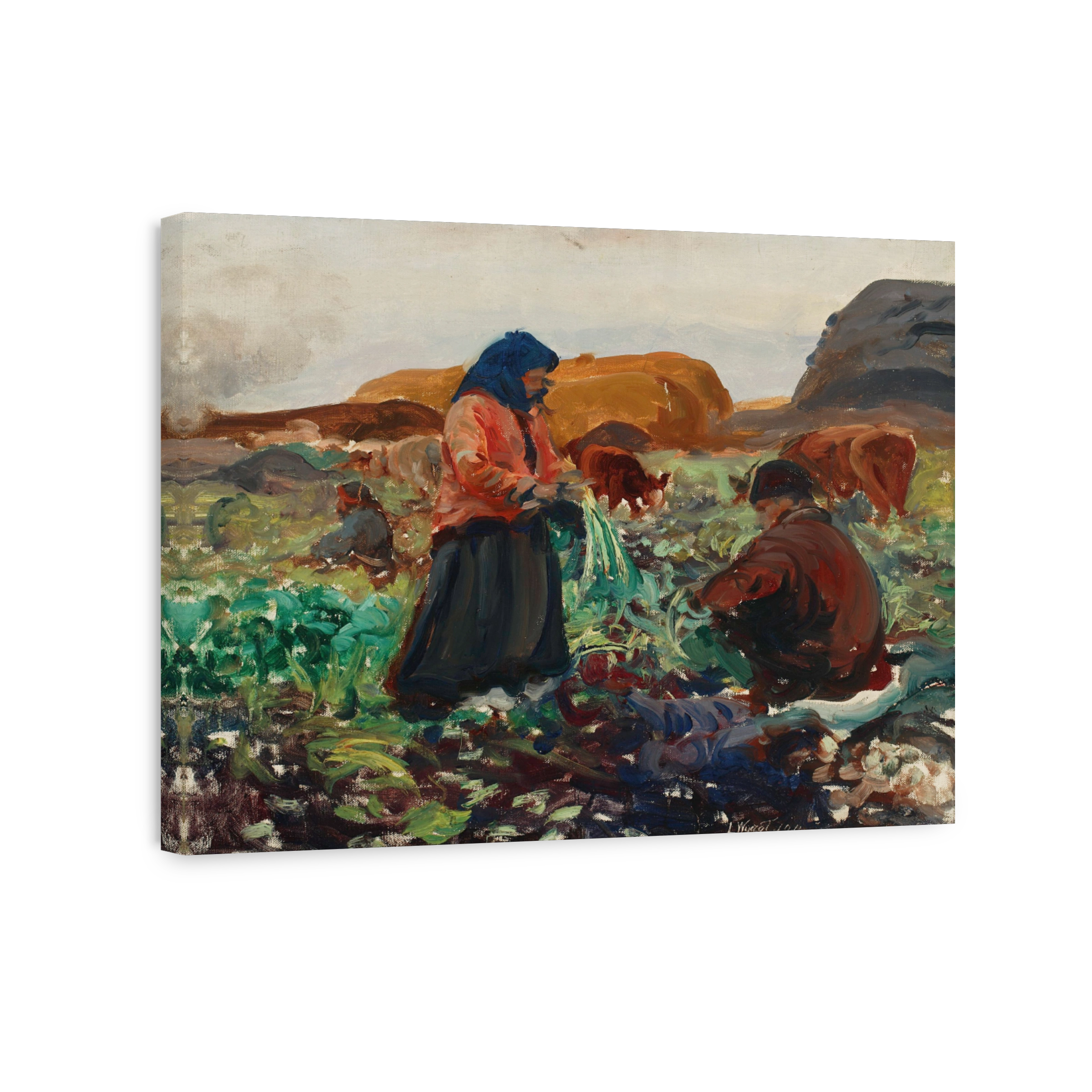 Farm workers harvesting vegetables, rural oil painting