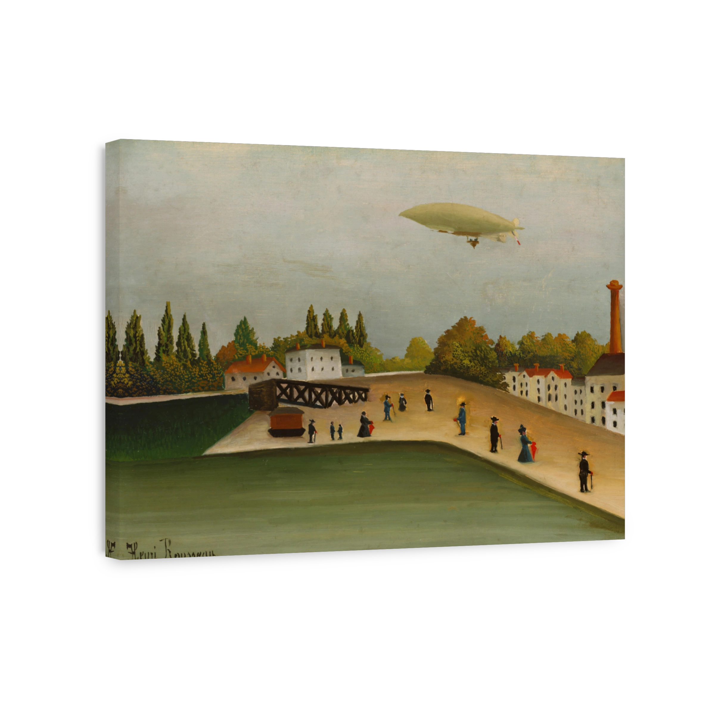 Zeppelin and Figures by a Riverside Town