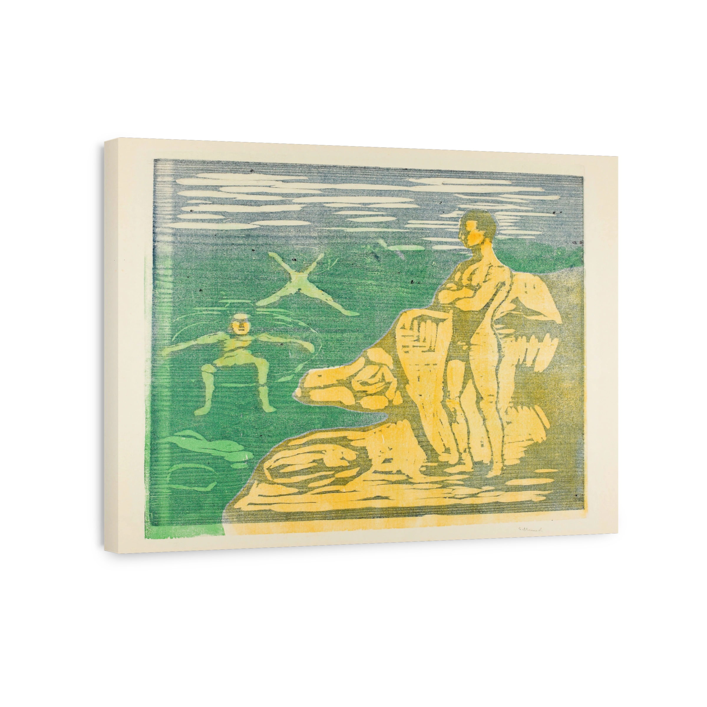 Boys Bathing Woodcut Print