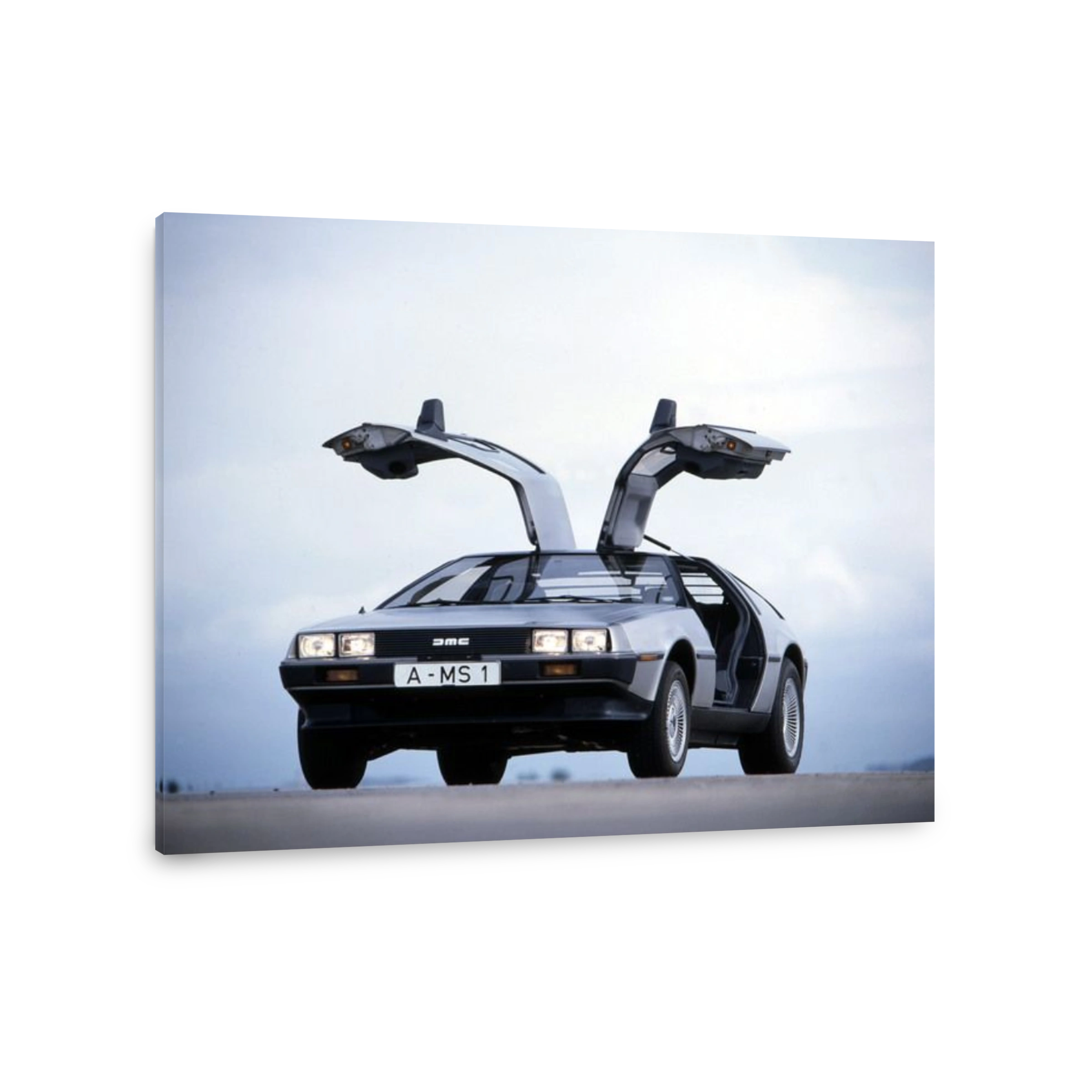 Car, DeLorean DMC 12, old car, 1980s, eighties,  silver, Coupé, Coupe, standing, diagonal front, front view, open doors, photogr