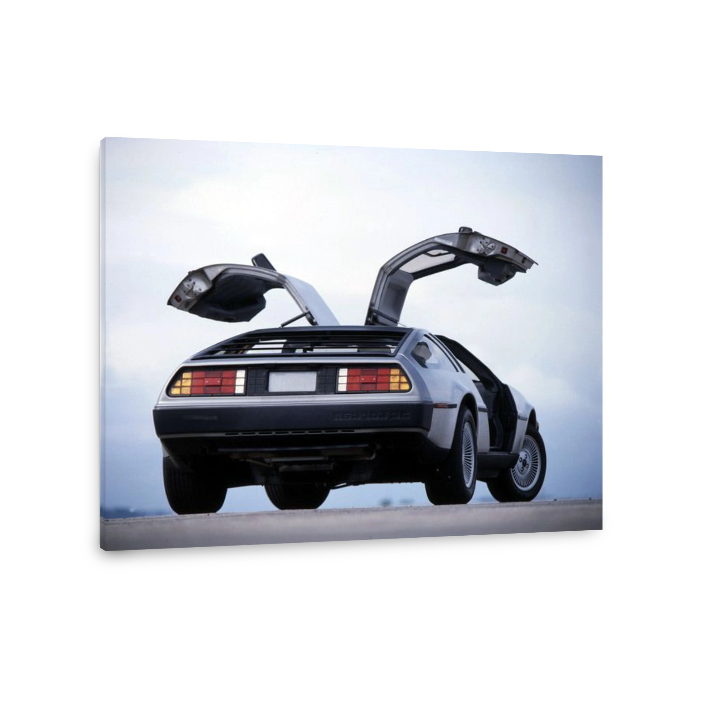Car, DeLorean DMC 12, old car, 1980s, eighties,  silver, Coupé, Coupe, standing, diagonal back, back view, open doors, photograp