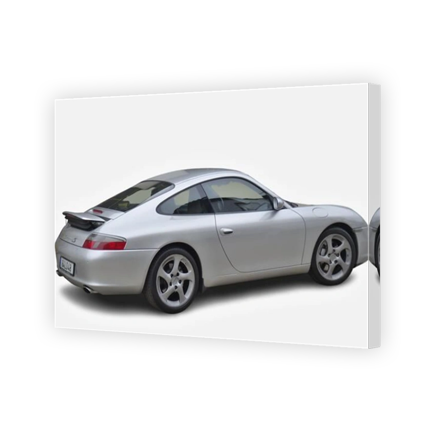 Rear view of a silver Porsche 911 Carrera S standing still on a white background