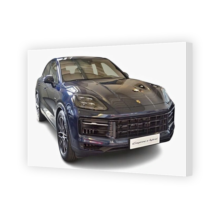 Modern Porsche Cayenne e-hybrid posing in a showroom, highlighting its sleek silhouette and hybrid technology