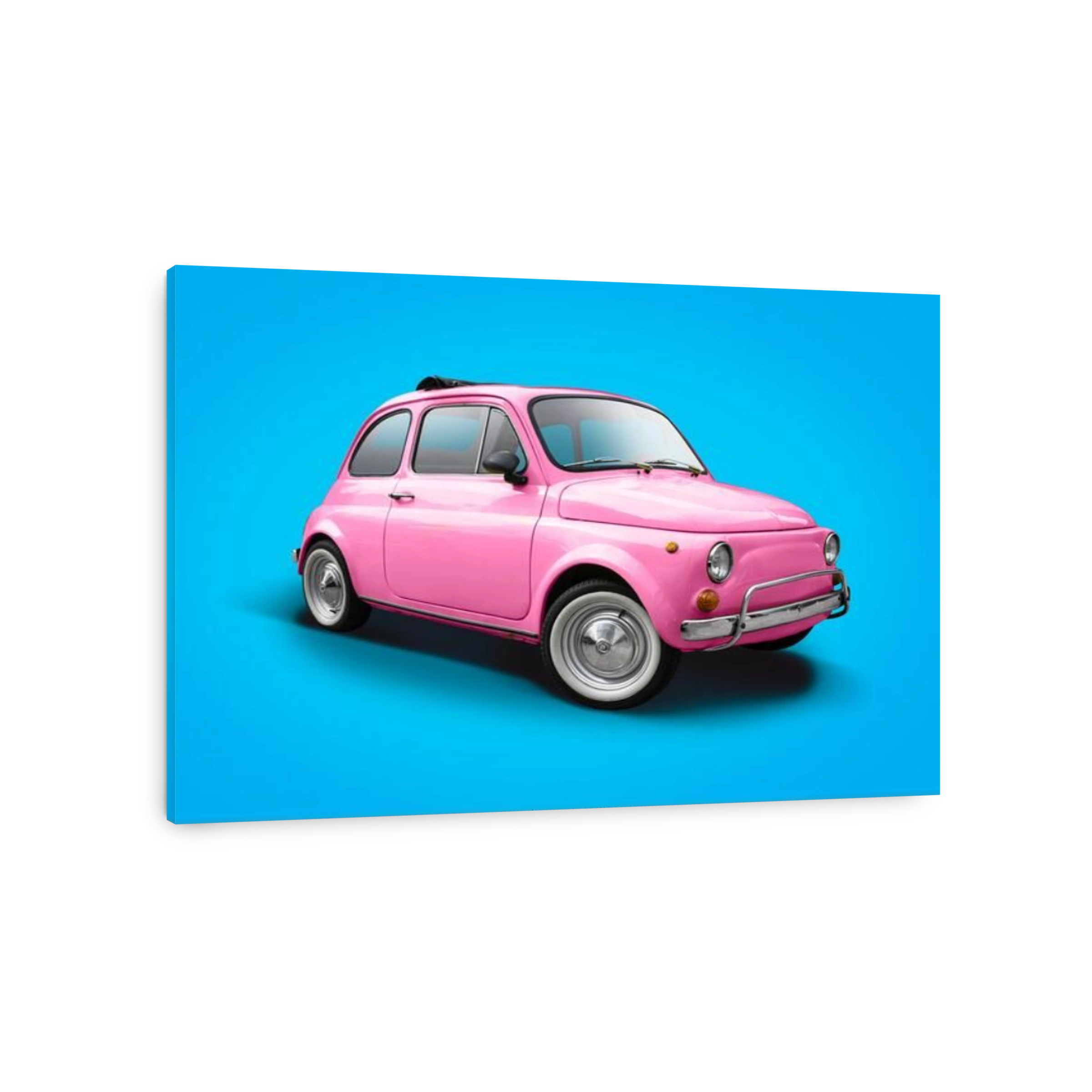 Classic Italian pink mini car isolated on blue background