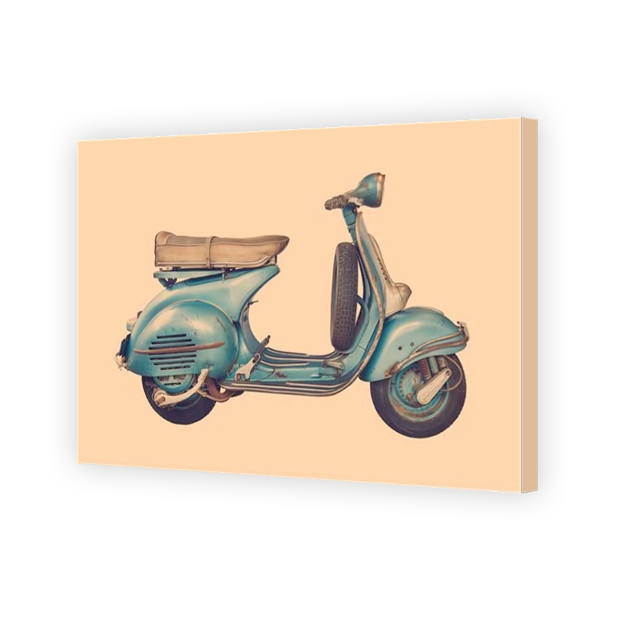 Side view of a vintage blue Italian scooter from the fifties