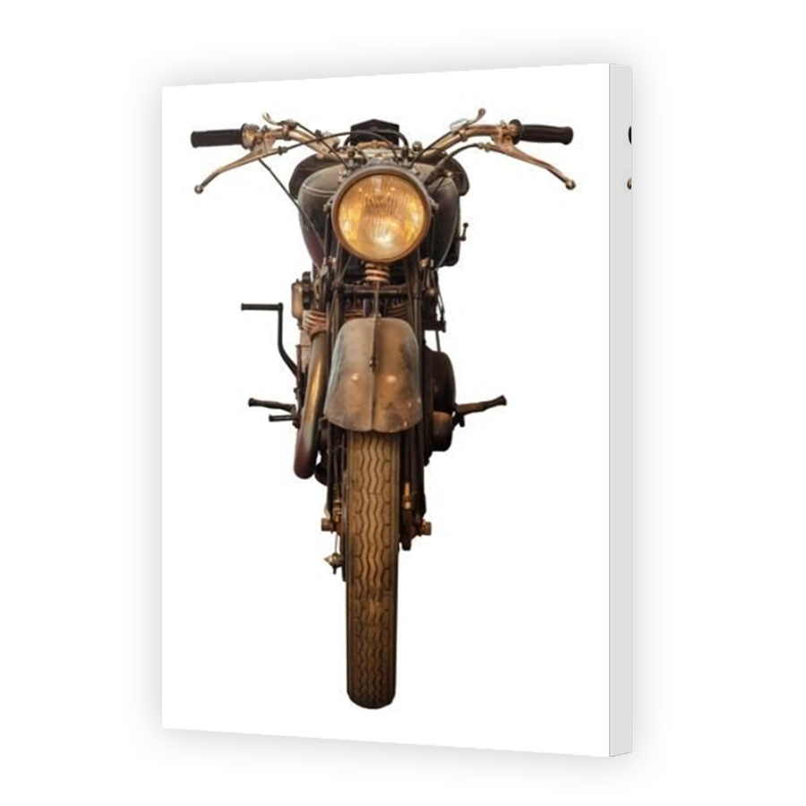 Front view of a weathered and rusty English vintage motorcycle isolated on a white background