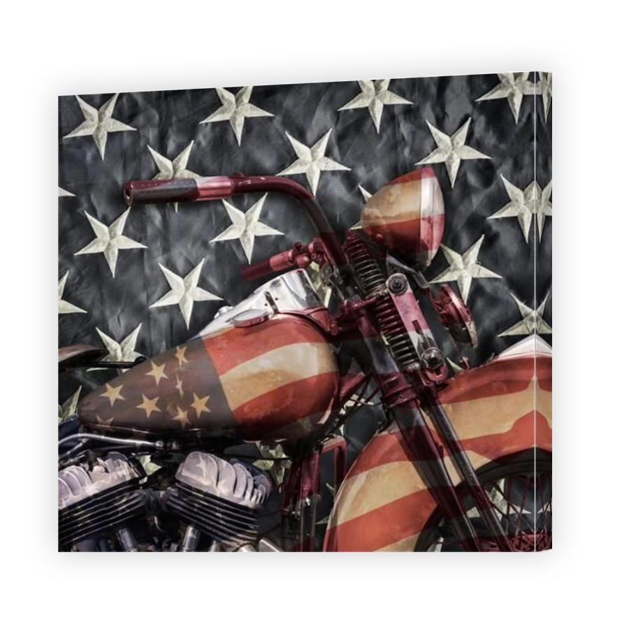 Vintage motorcycle with USA flag and stars and stripes background