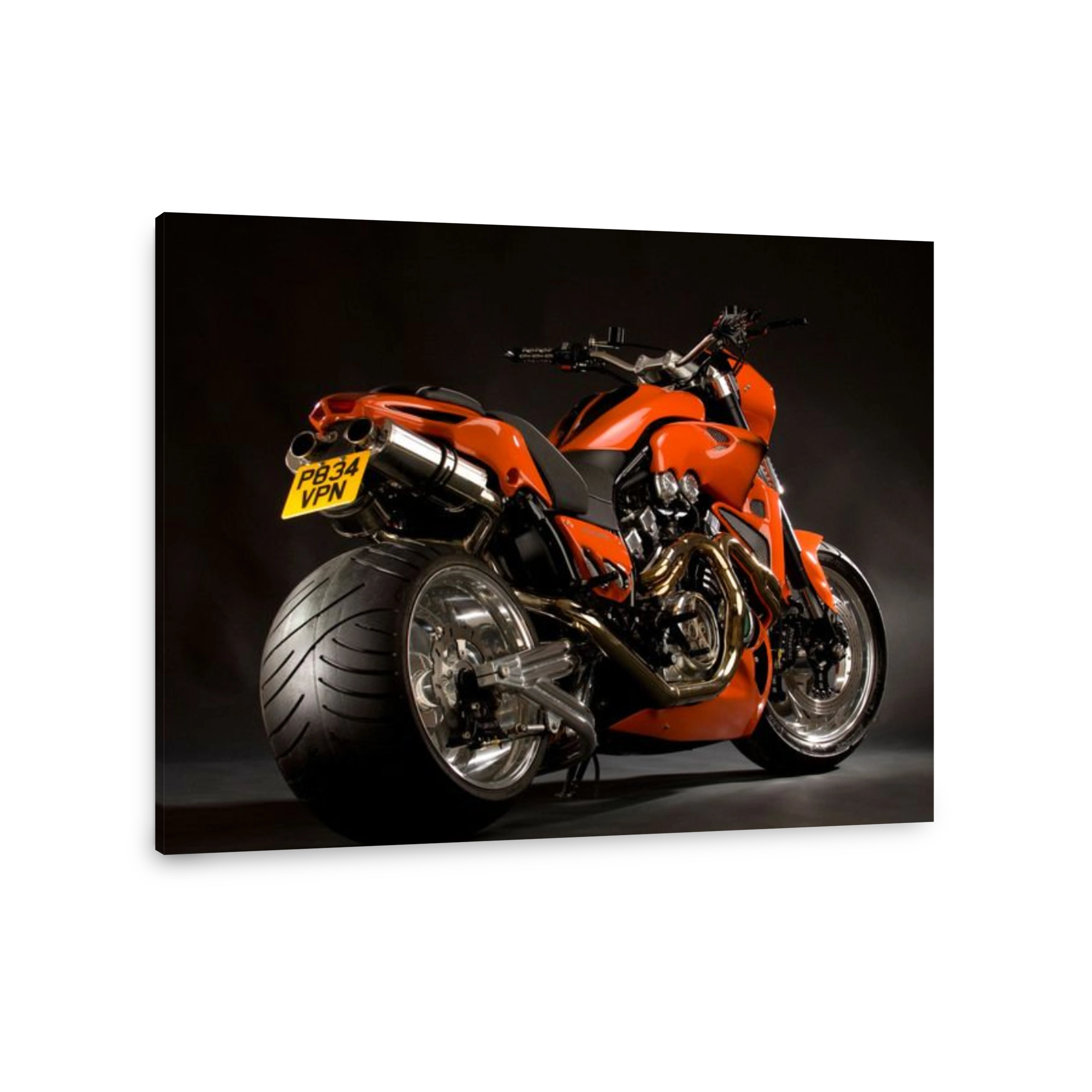 Bright orange Yamaha V-Max Vmax bike custom cruiser chopper motorcycle with huge fat rear tyre conversion
