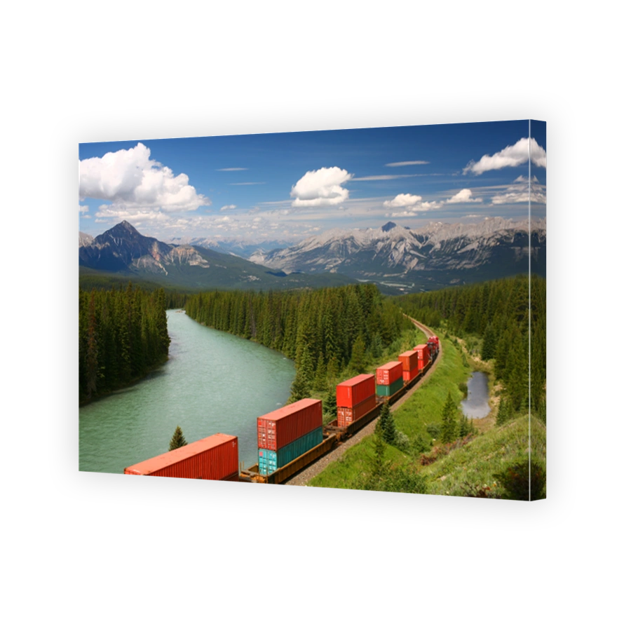 Freight train moving in Canadian Rockies, Banff National Park,