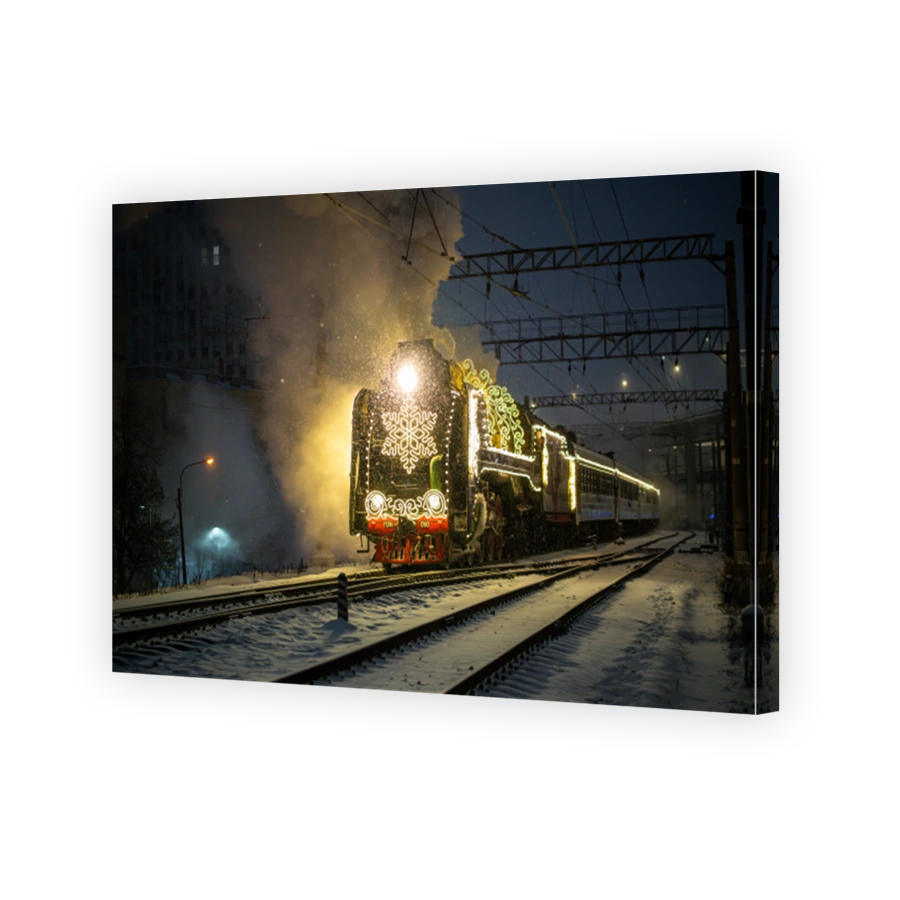 Retro Christmas steam train at night in the city on Christmas Eve and New Year in Russia.