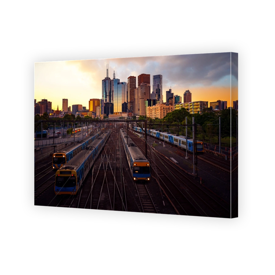 Melbourne train staation with Melbourne city background