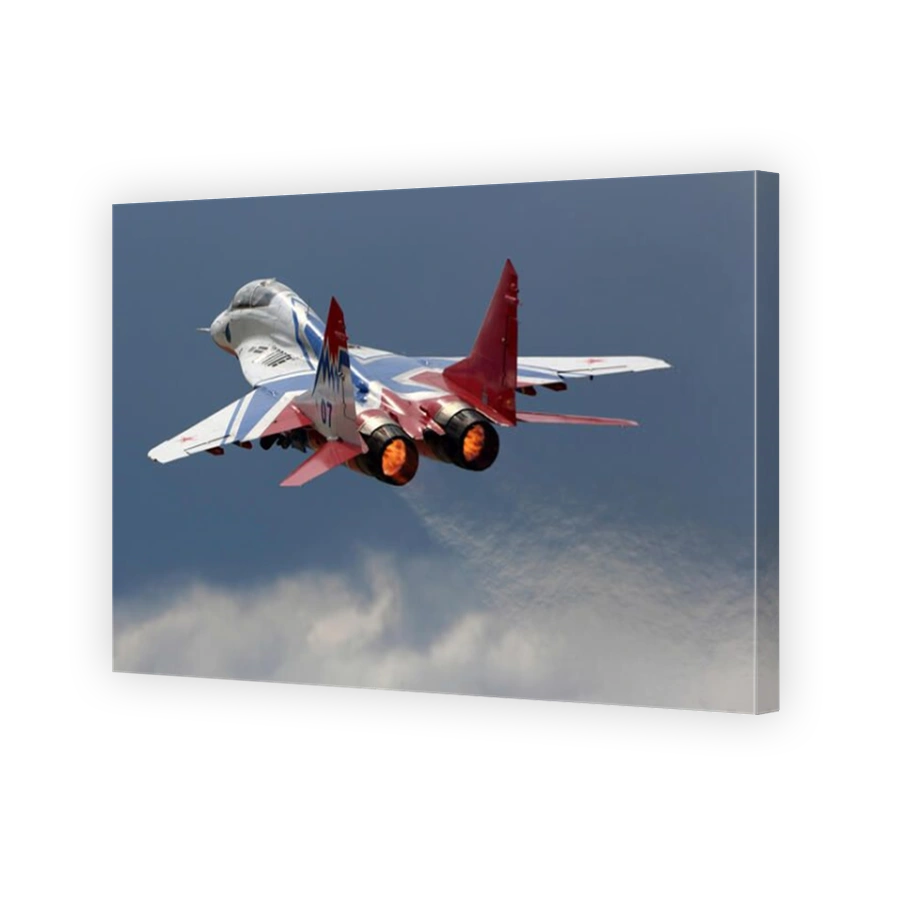 MiG-29UB jet fighter of Swifts Russian aerobatics team taking off.