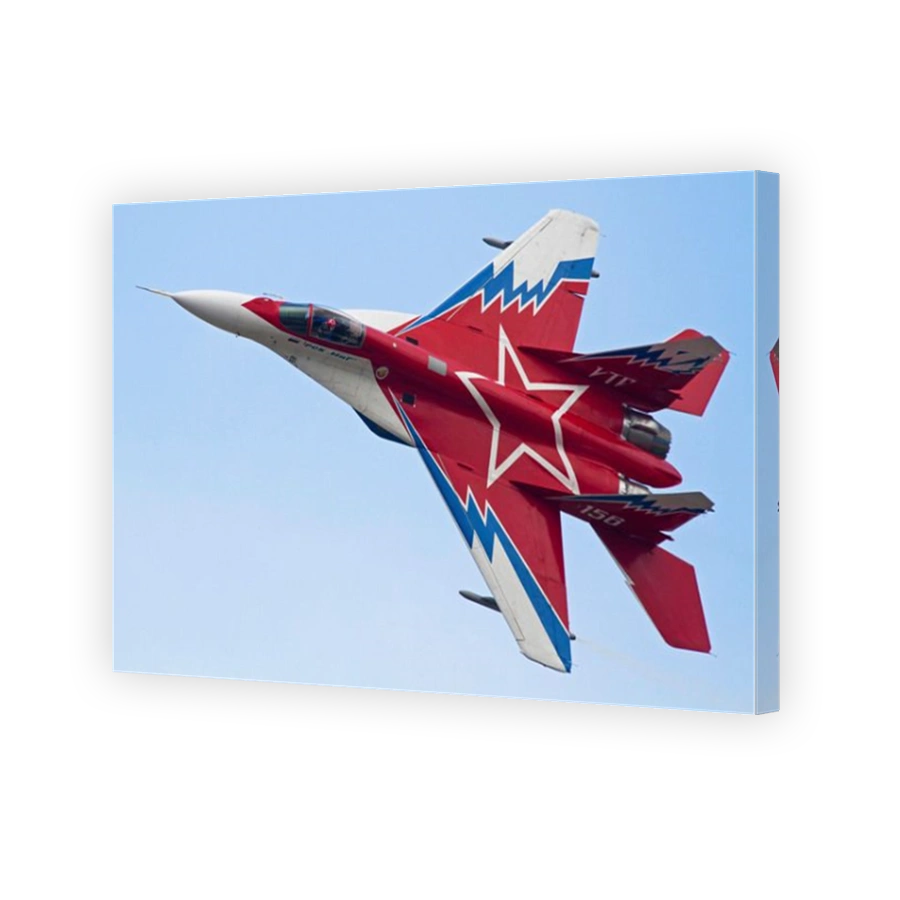 Top view of a Russian MiG-29OVT aerobatic aircraft in flight over Bulgaria.