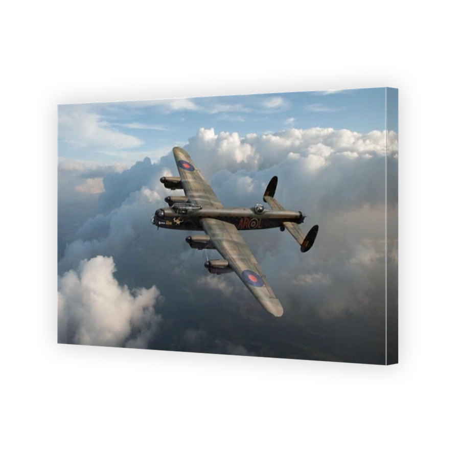 A depiction of the 460 Squadron Lancaster bomber W5005, AR-L, bearing its "kangaroo in Wellington boots playing bagpipes" nose art. The bomb tally sho