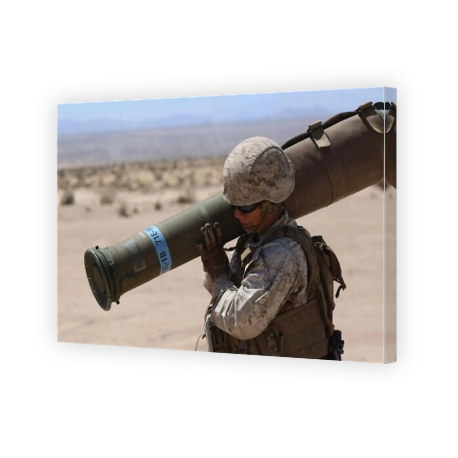 U.S. Marine carries a tube-launched, optically-tracked, wire-guided missile.