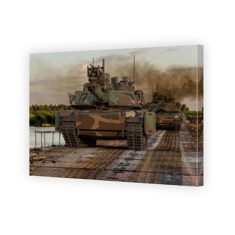 M1A2 Sep Abrams Tusk II tank at a training ground while crossing a water obstacle via a floating bridge