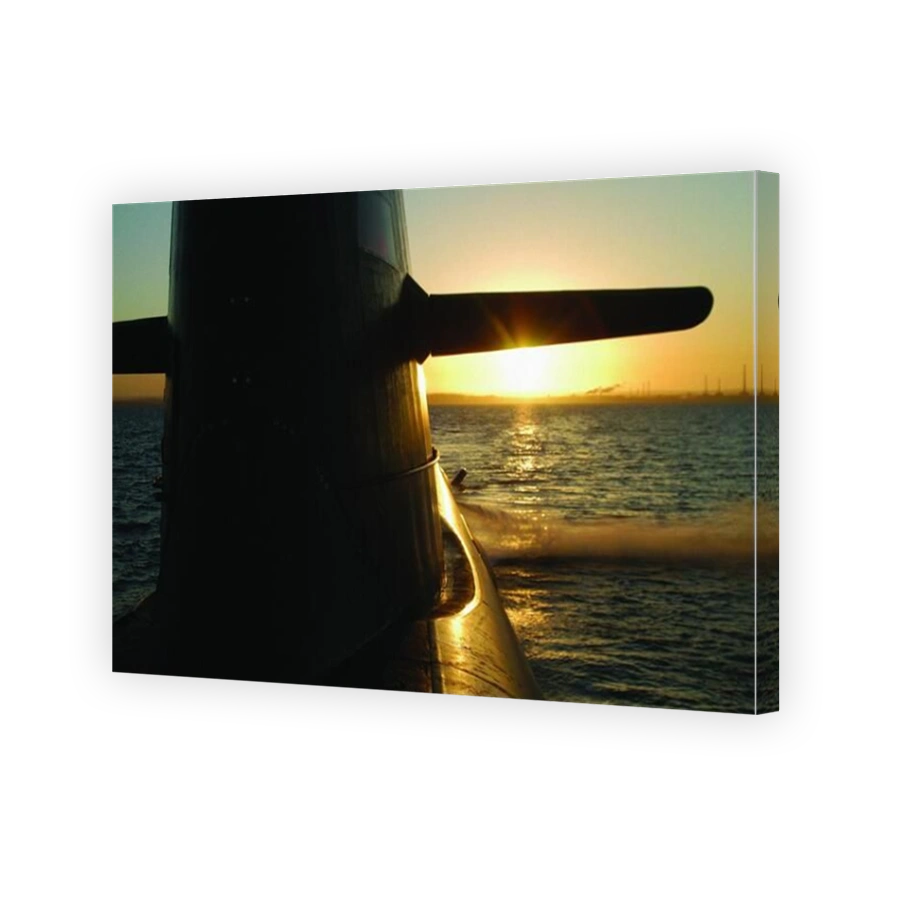 A view taken from the deck of a Royal Australian navy Collins class submarine at sunrise.