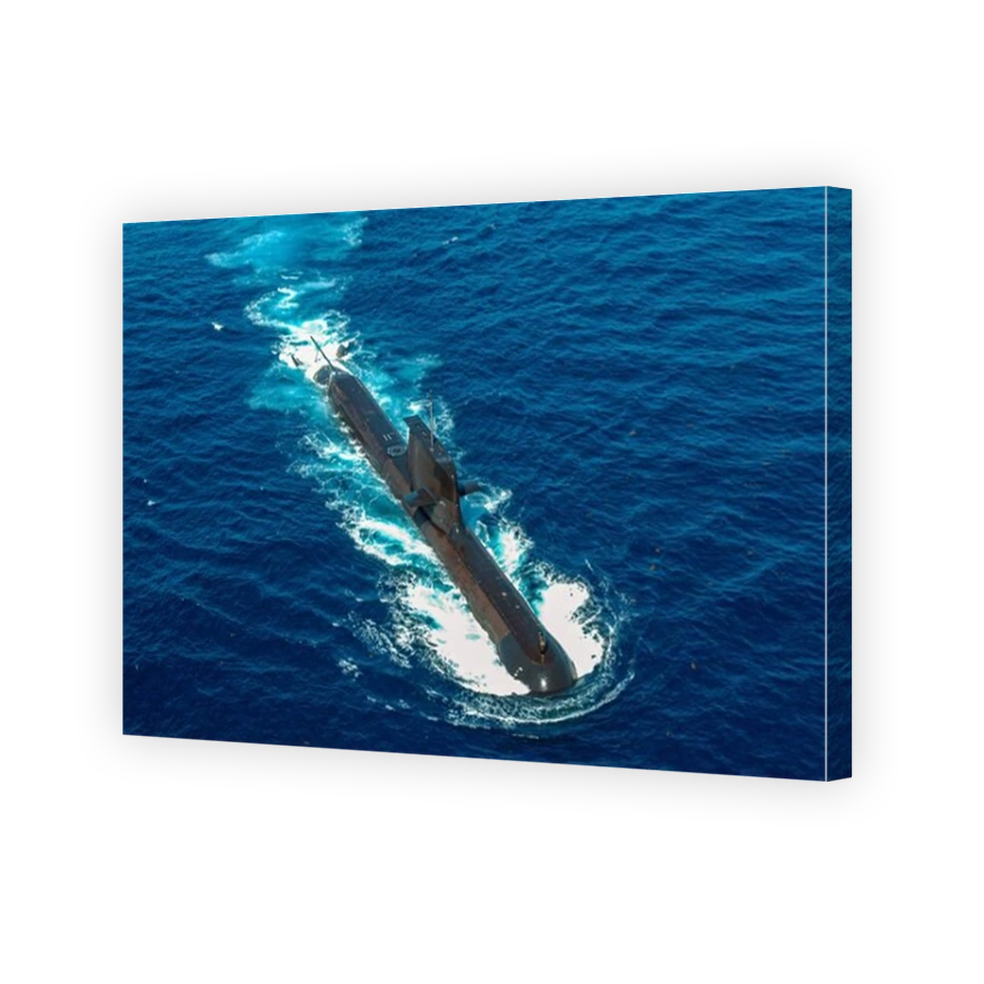 An aerial view of Australian Navy Collins Class submarine HMAS Rankin cruising on the surface..