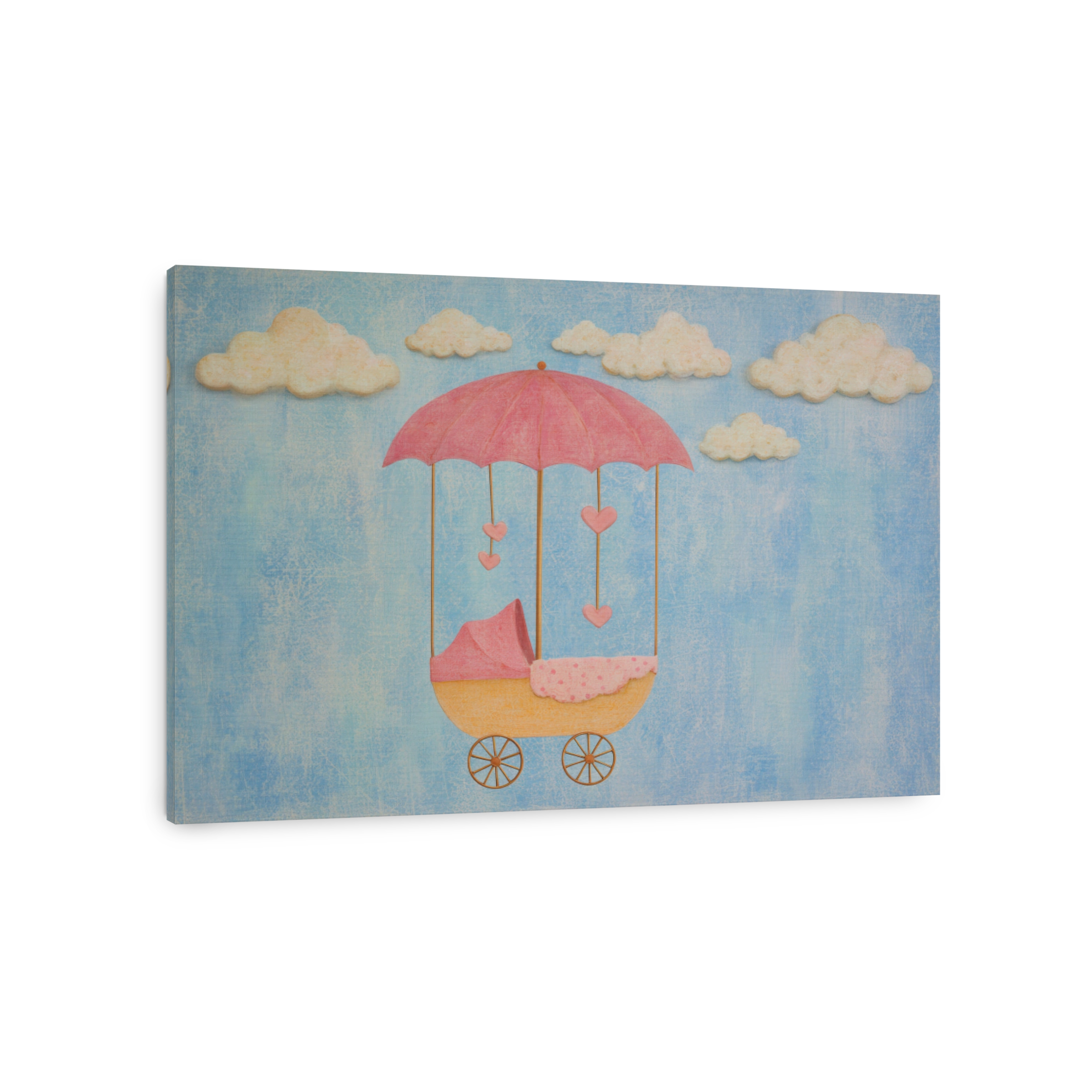 Whimsical baby carriage painting with clouds