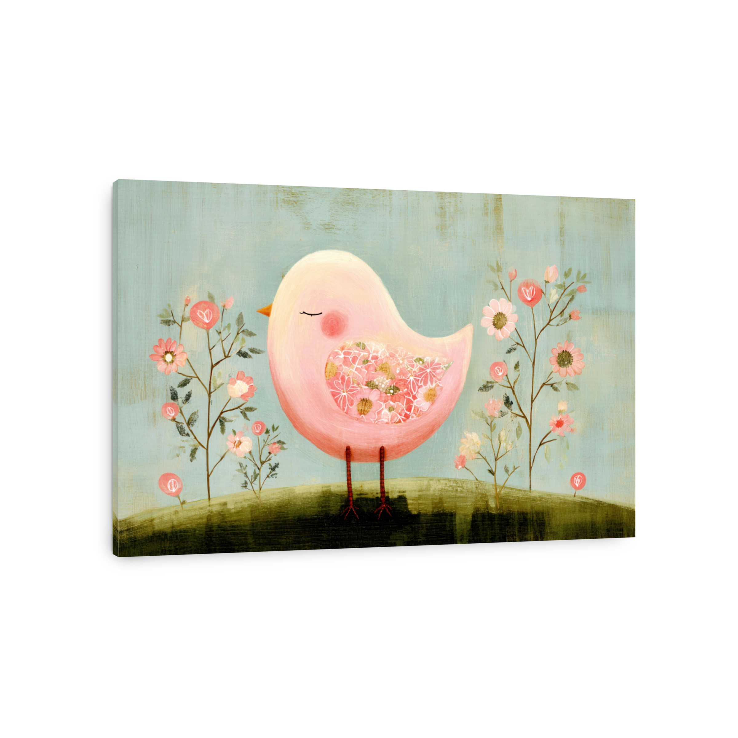 Whimsical Pink Bird with Flowers Canvas Print