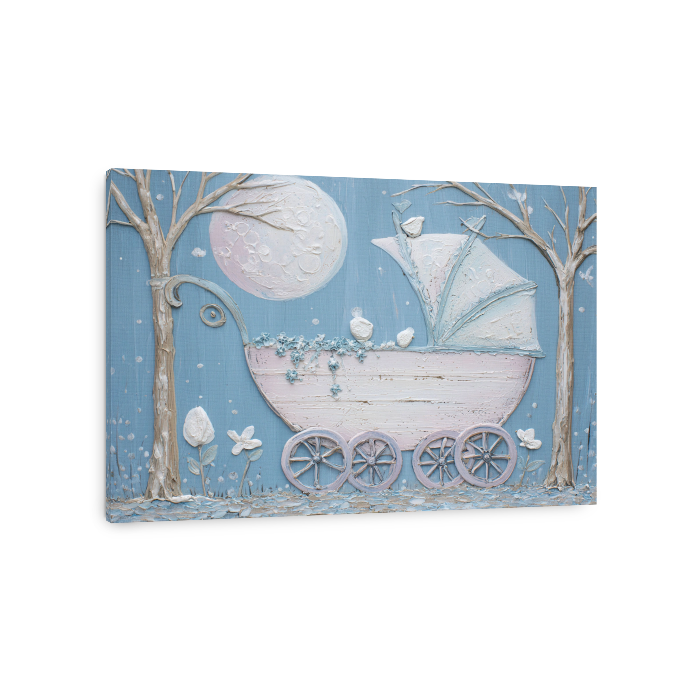 Whimsical textured painting of a vintage pram