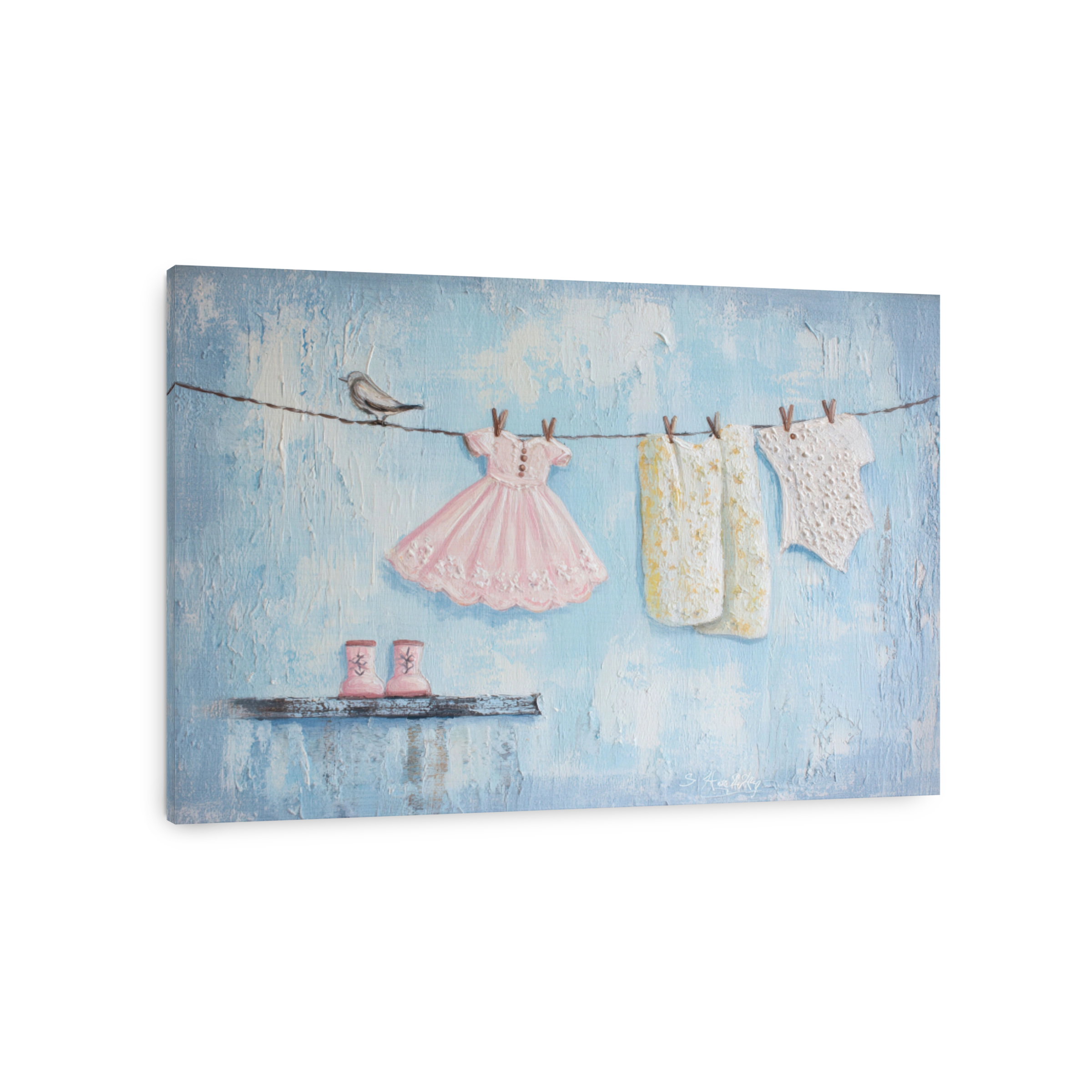 Whimsical laundry on a washing line oil painting