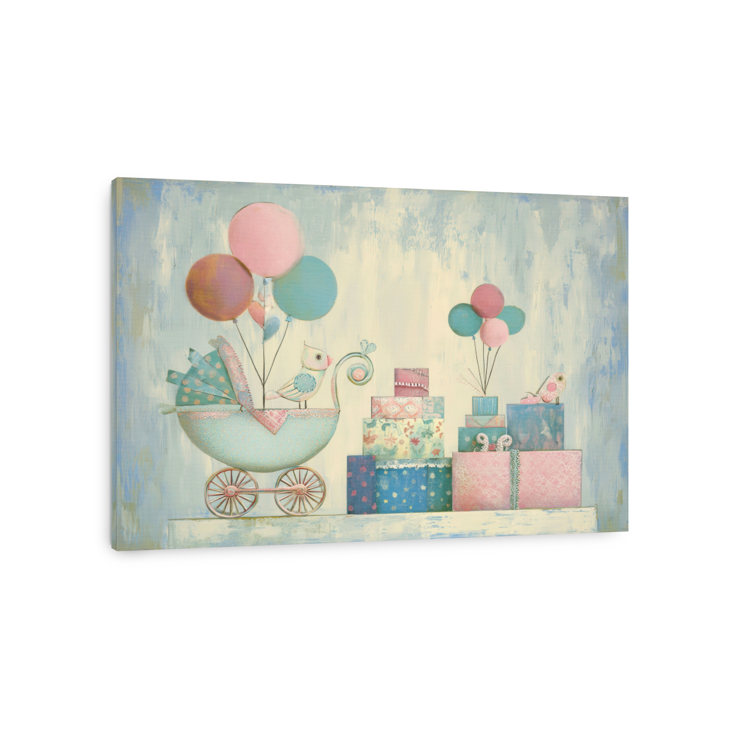 Whimsical Baby Carriage with Gifts and Balloons Painting