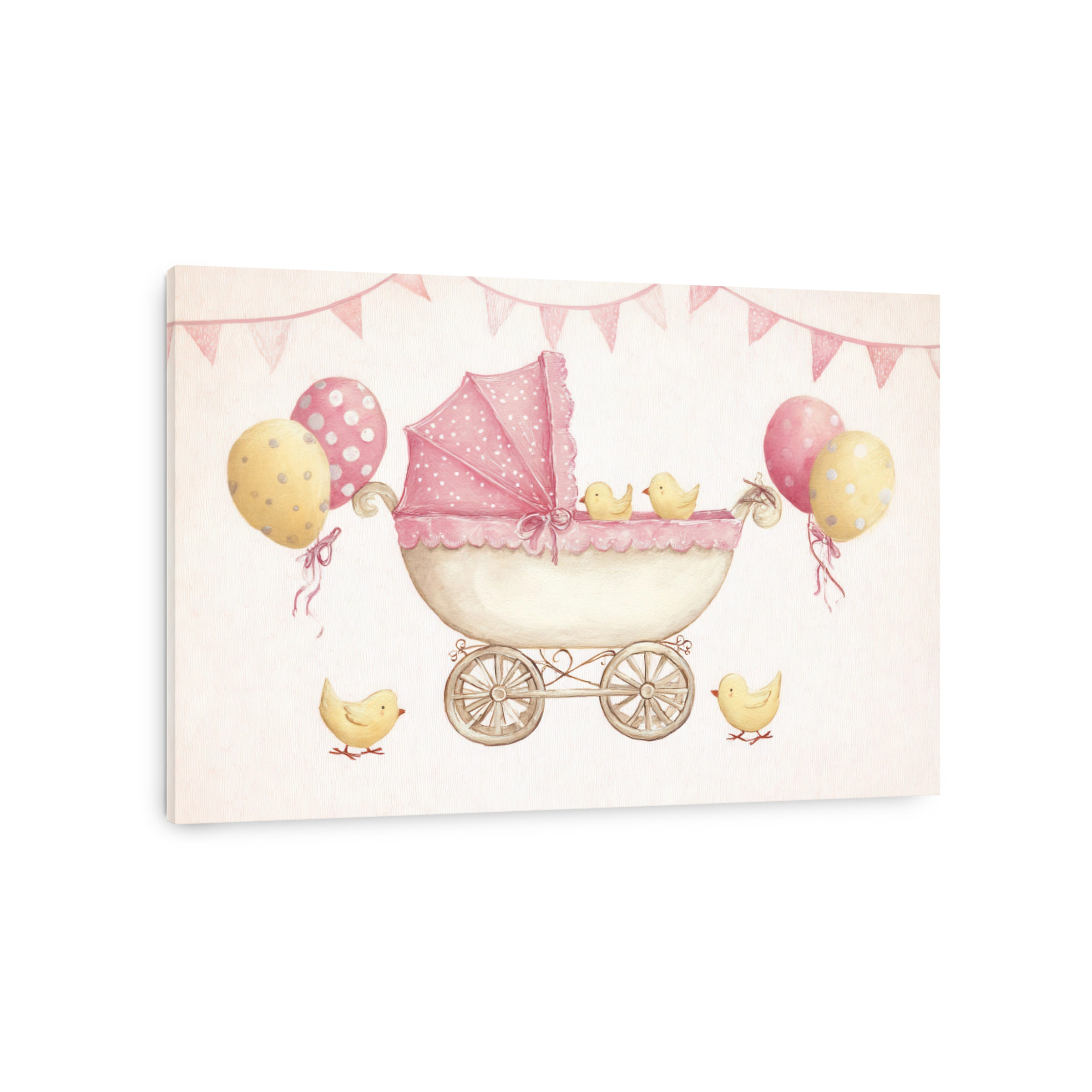 Whimsical baby carriage with chicks watercolour painting