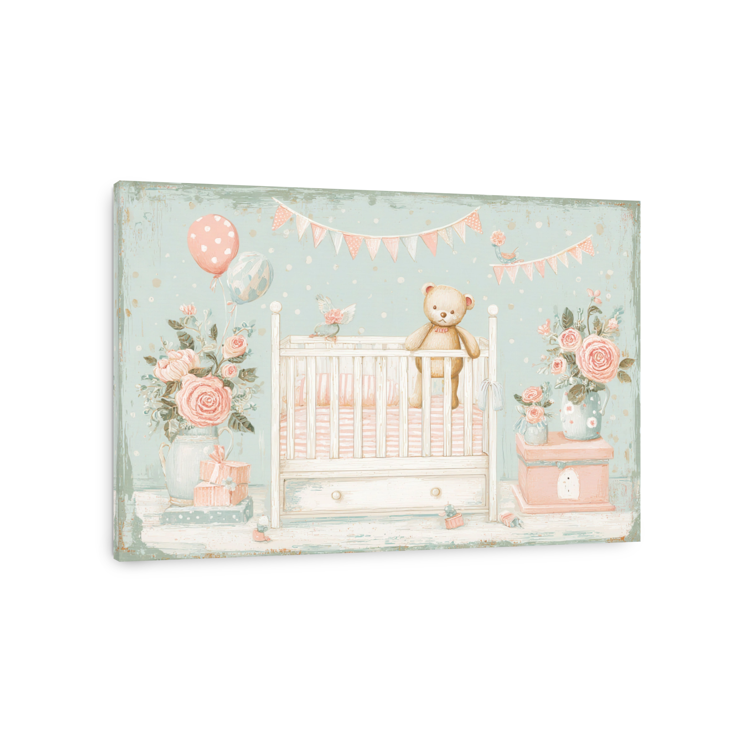 Whimsical Nursery Scene with Teddy Bear and Flowers