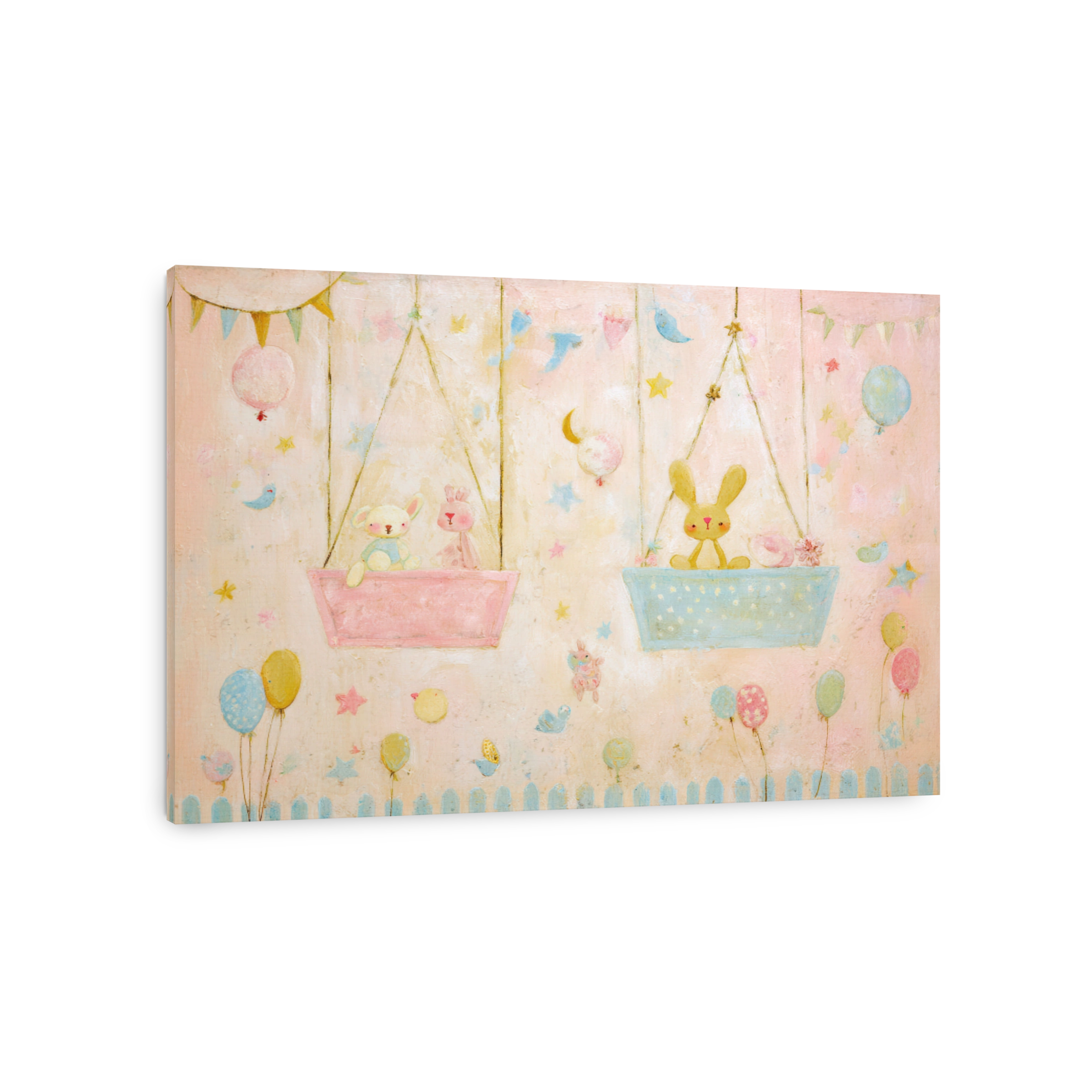 Whimsical Bunnies and Balloons Oil Painting