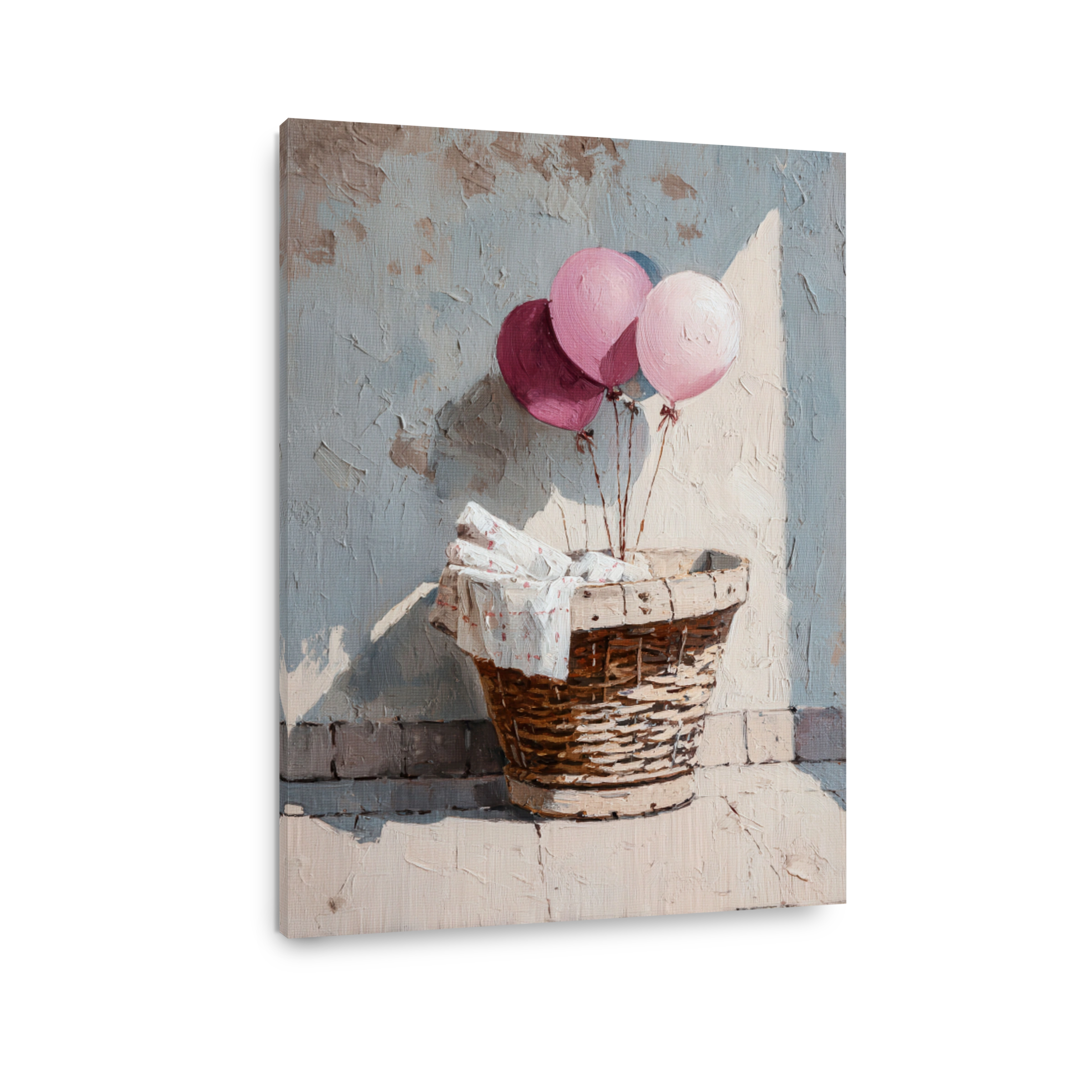 Whimsical Oil Painting of Pink Balloons in a Basket