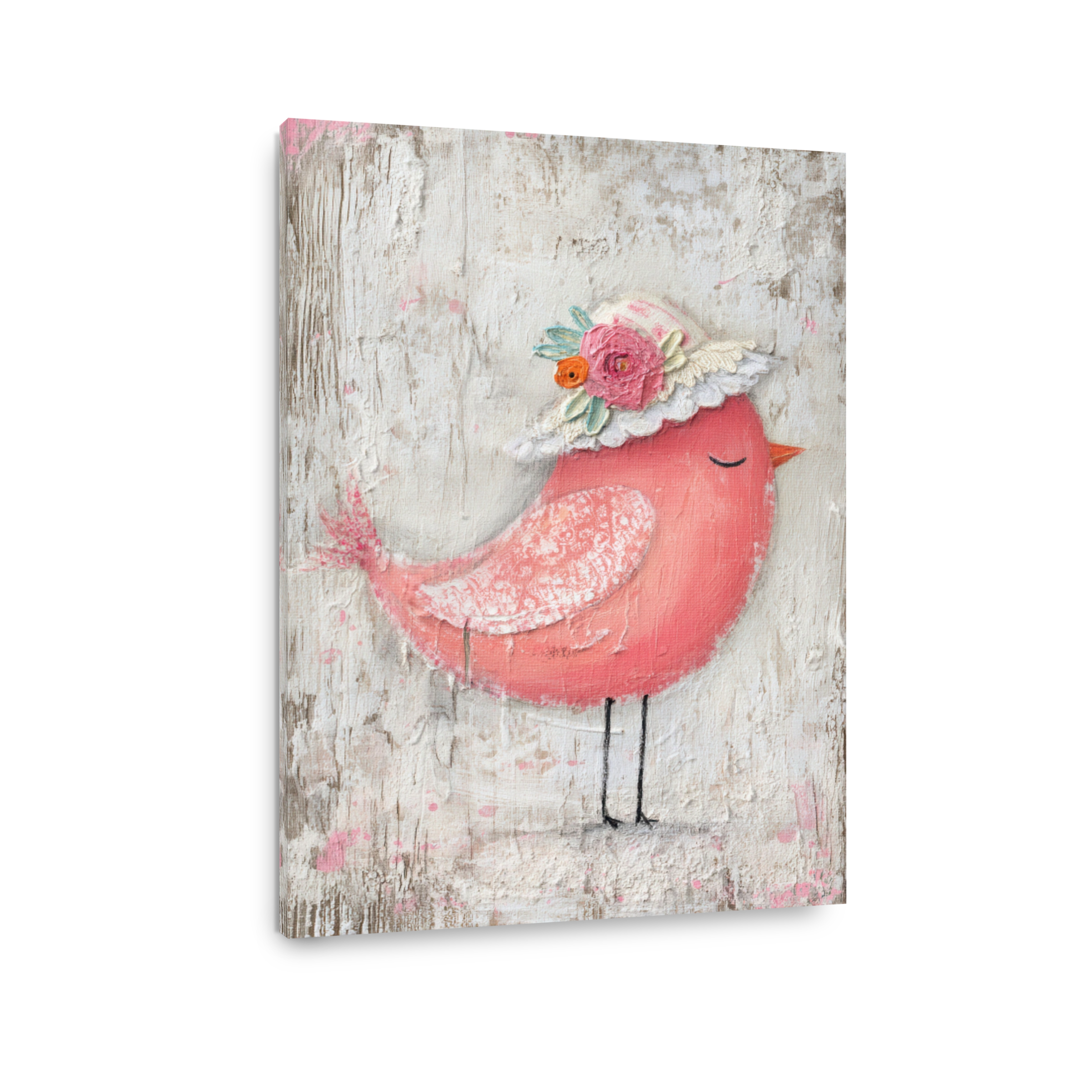 Whimsical Pink Bird with Floral Hat