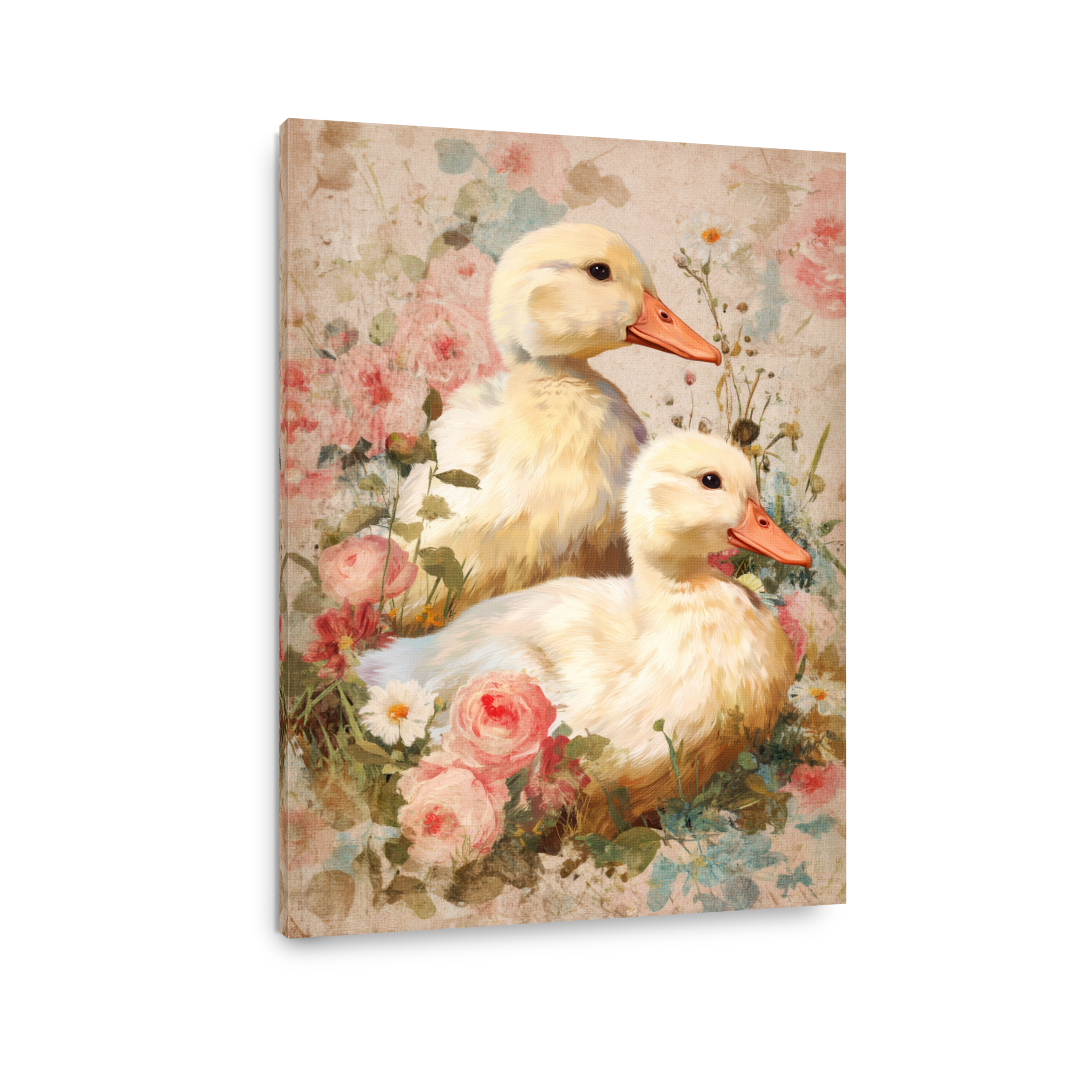 Nostalgic Ducklings Surrounded by Vintage Flowers