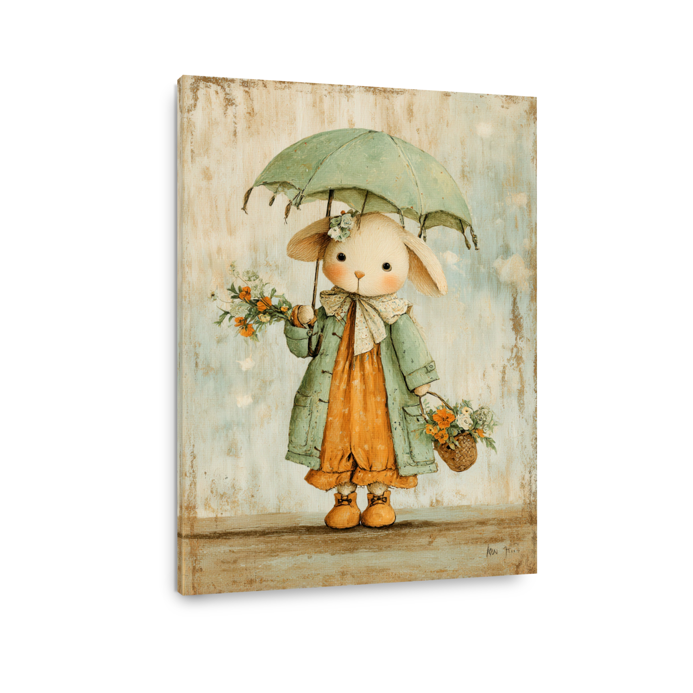 Whimsical Bunny with Umbrella and Flowers